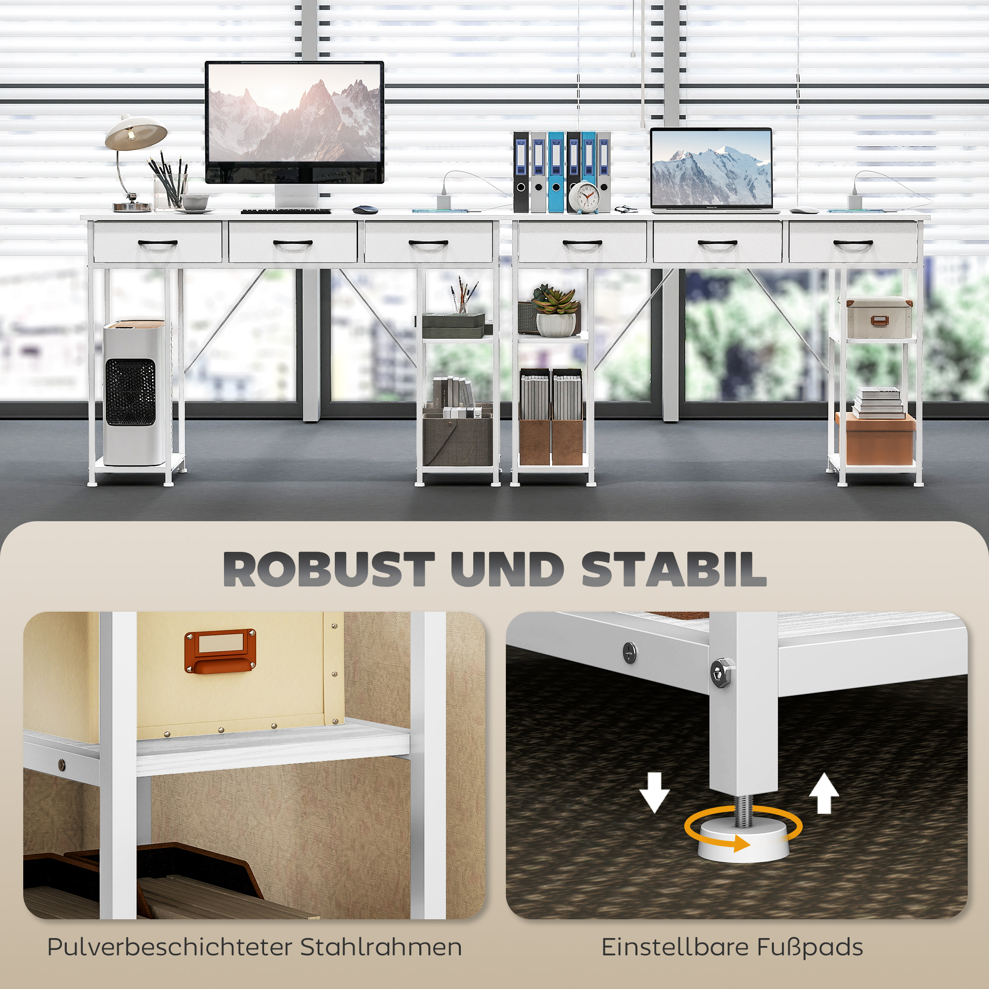 Schreibtisch Küchentisch mit 2 USB-Ladeanschlüssen 2 Steckdosen verstellbare Regale 3 Stoffschubladen 120x40x76 cm Weiß