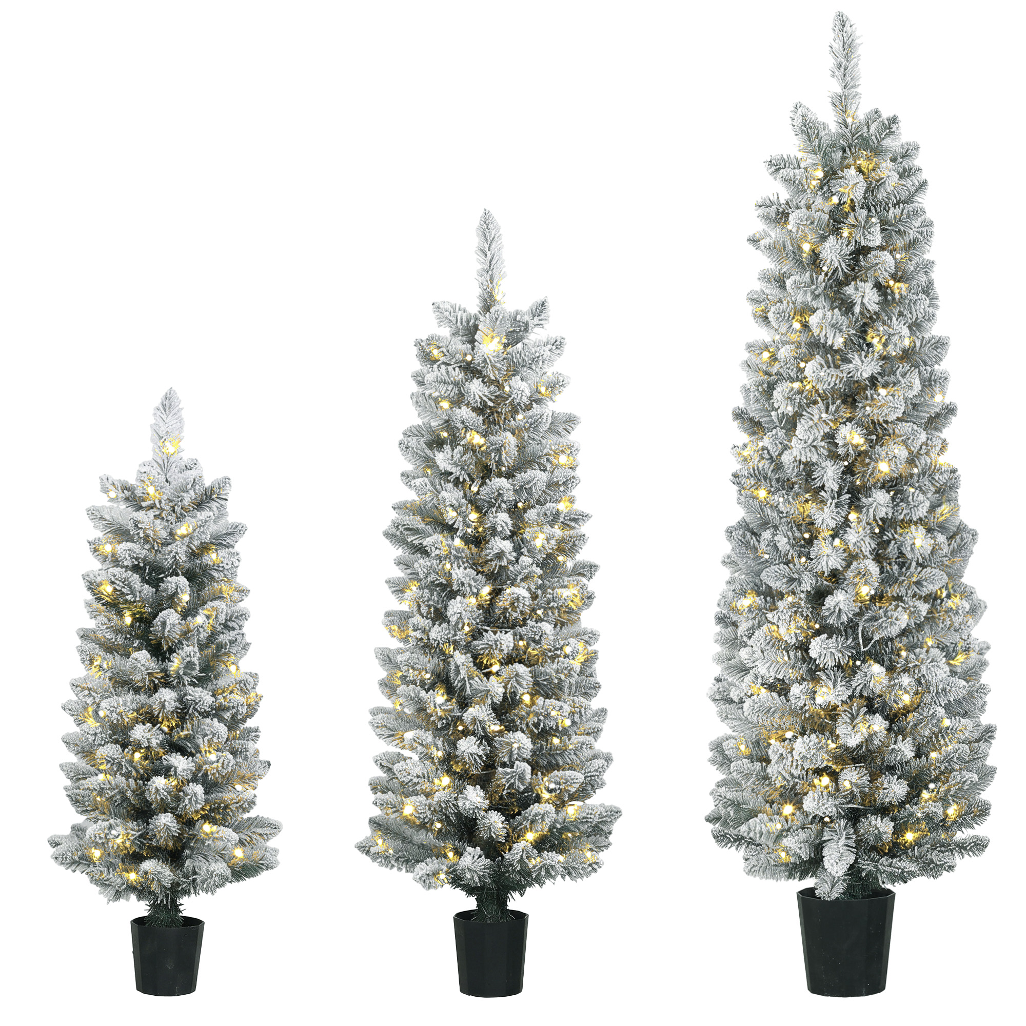 3er-Set schneebeflockte LED-Weihnachtsbäume, schmal, mit PVC-Zweigen, 90/120/150 cm