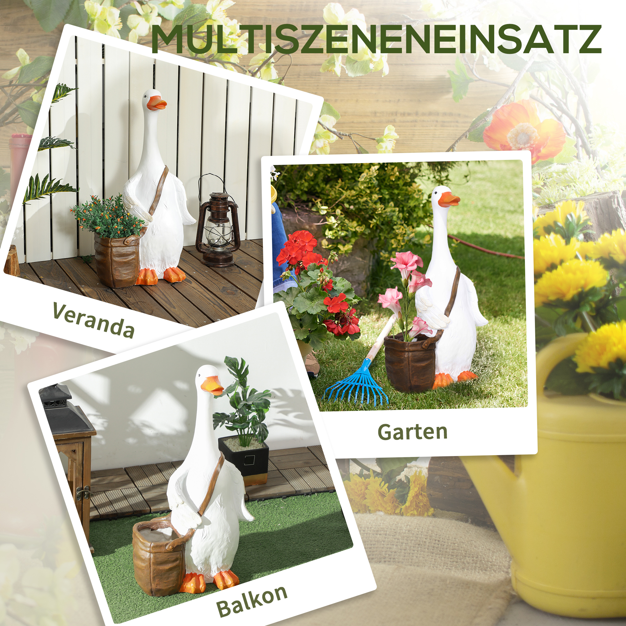 Blumentopf, Schwan mit Umhängetasche, wetterfest, 32 x 18 x 60 cm, Weiß, Braun