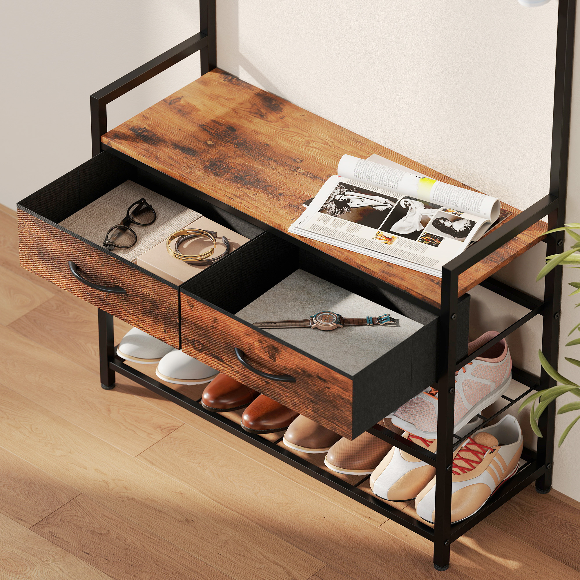 Garderobenständer mit Kleiderhaken, Schuhbank, Industrieller Eingangs-Organizer, Stahlrahmen, Rustikal Braun