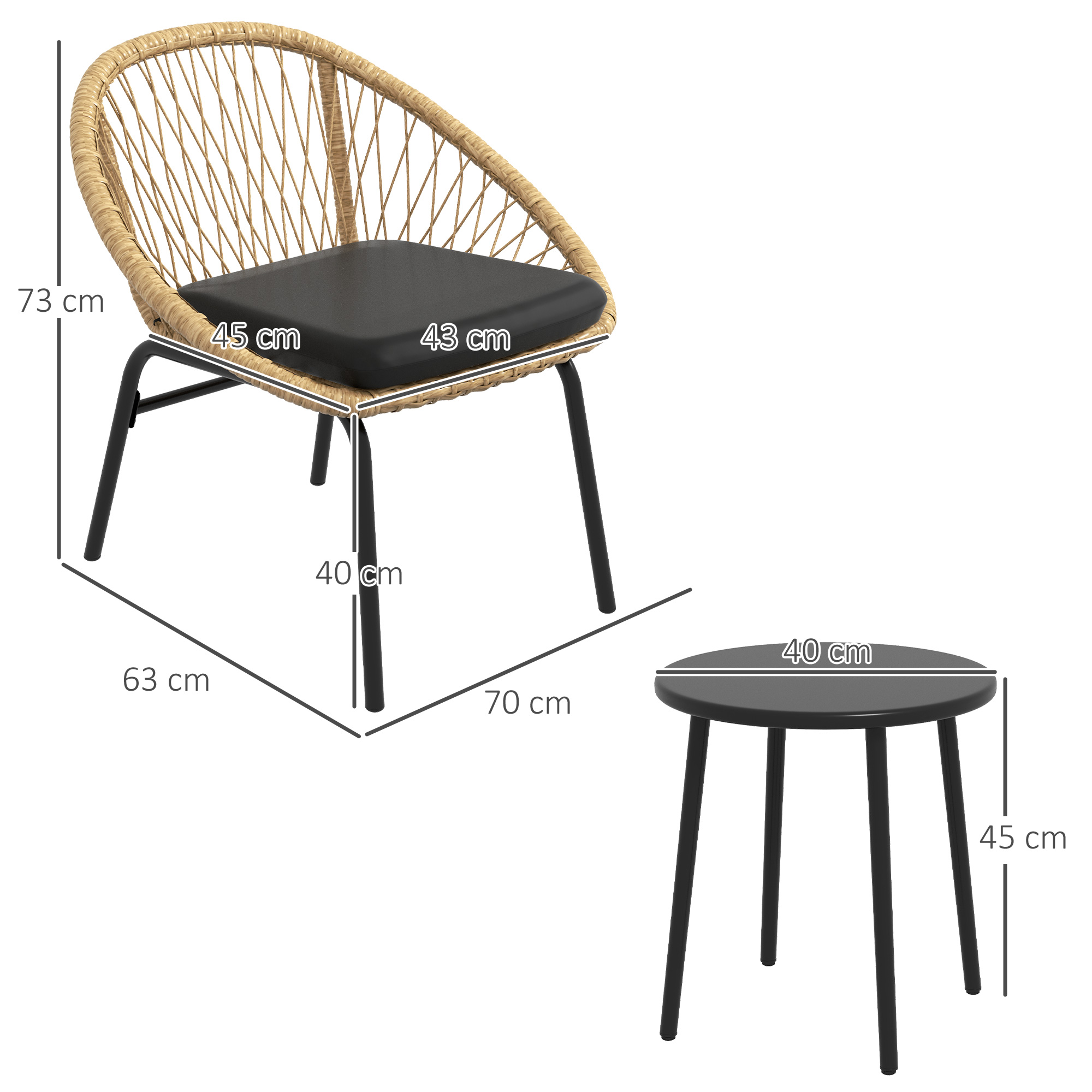 Rattan Terrassengarnitur, Gartenmöbel-Set, 2 Sessel & Tisch, Gelb