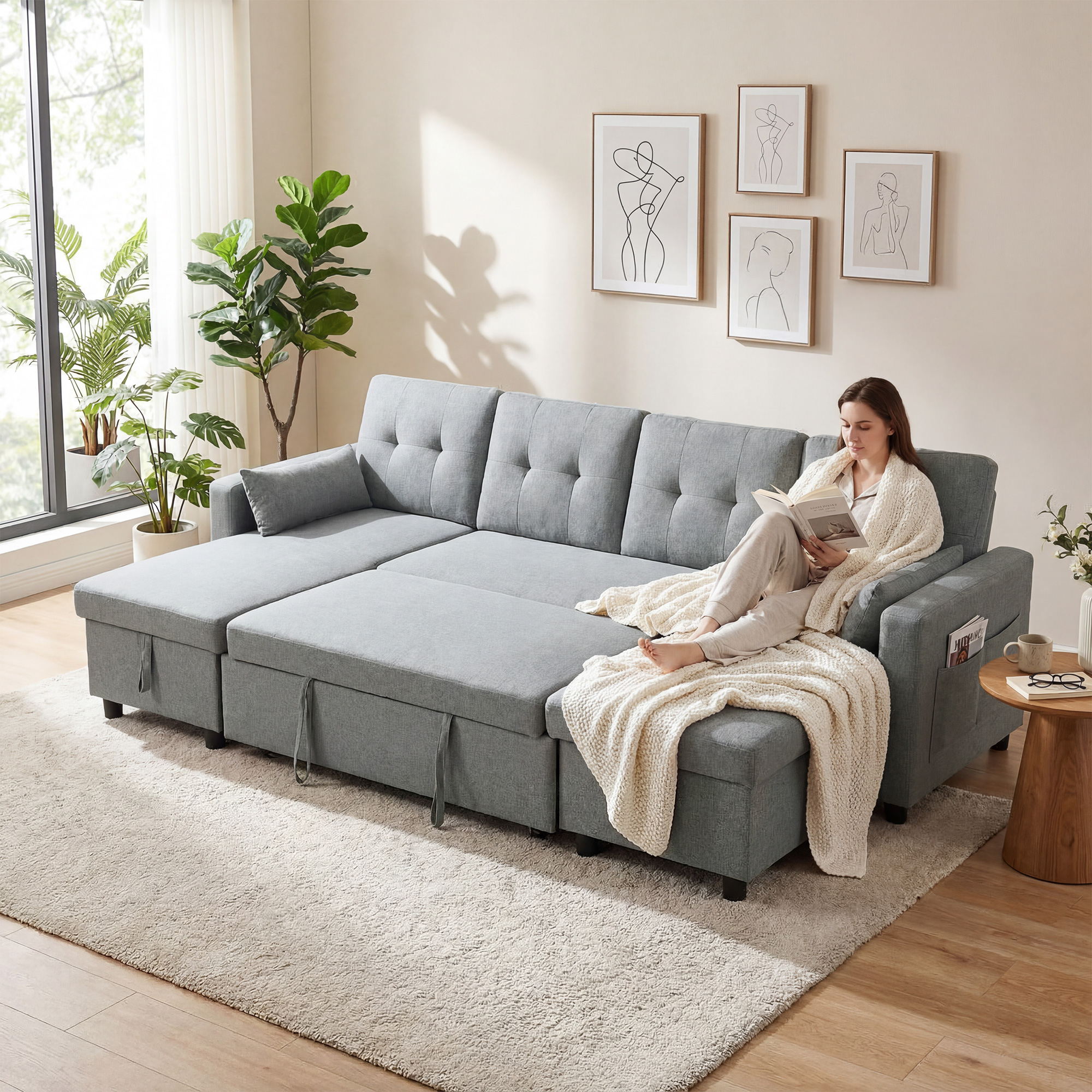 Ecksofa mit Schlaffunktion und Bettkasten U-Form 4-Sitzer Sofa mit Chaiselongue, verstellbarer Rückenlehne, Leinenoptik