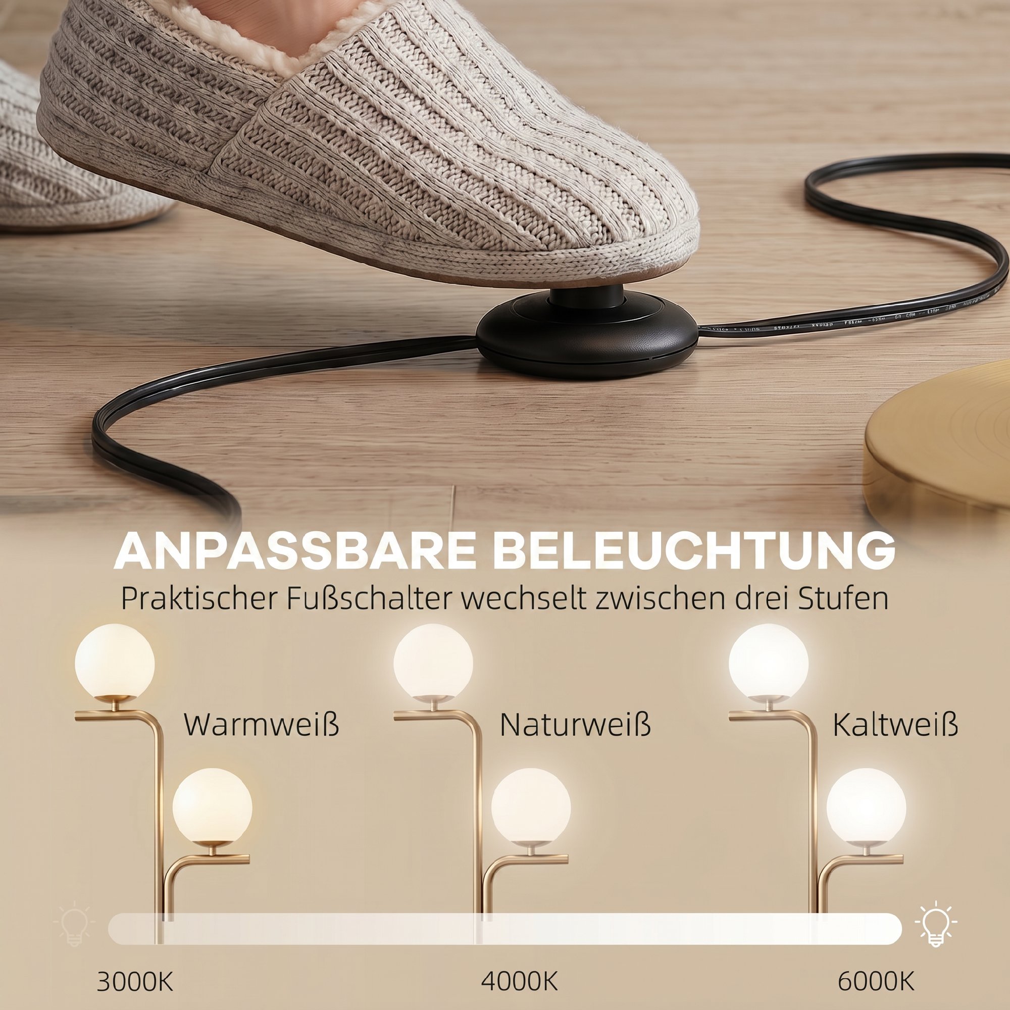 LED-Stehlampe, moderne Lampe mit 3 Farbtemperaturen, Glaskugelschirme und Fußschalter, Gold