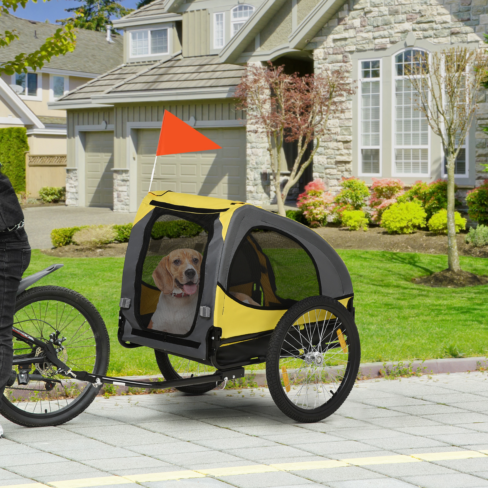 Hundeanhänger bis 20kg Netzfenster aufrollbare Abdeckung Universalkupplung Stahlrahmen gelb 140 x 71 x 83 cm
