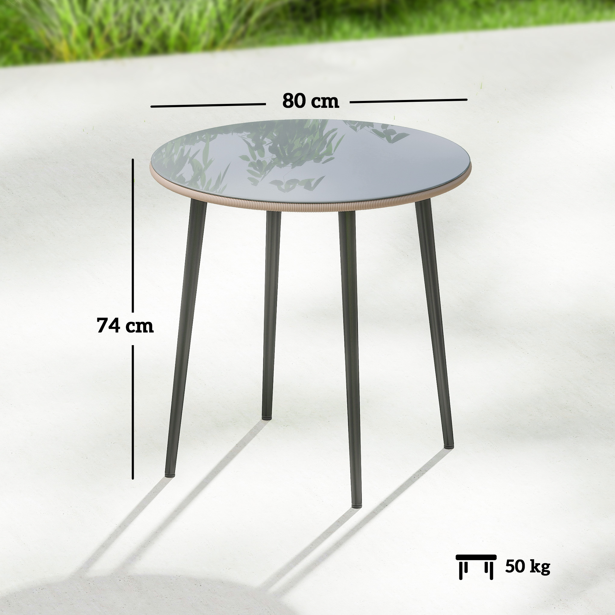 Gartentisch Stahl Buffettisch mit Stahlrahmen, PE-Rattan-Rand, verstellbaren Füßen, 4 Personen 80 x 80 x 74 cm Grau