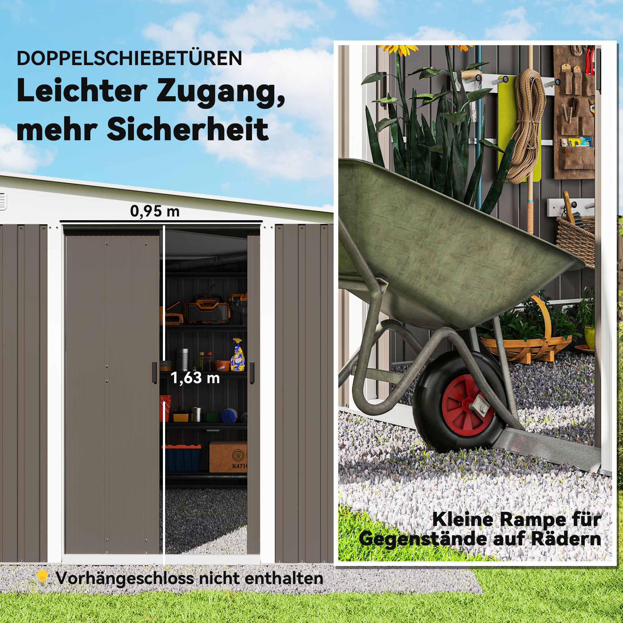 Metall-Geräteschuppen Schrägdach verriegelbare Doppeltür 2,8 x 3,45 x 2,01m Grau