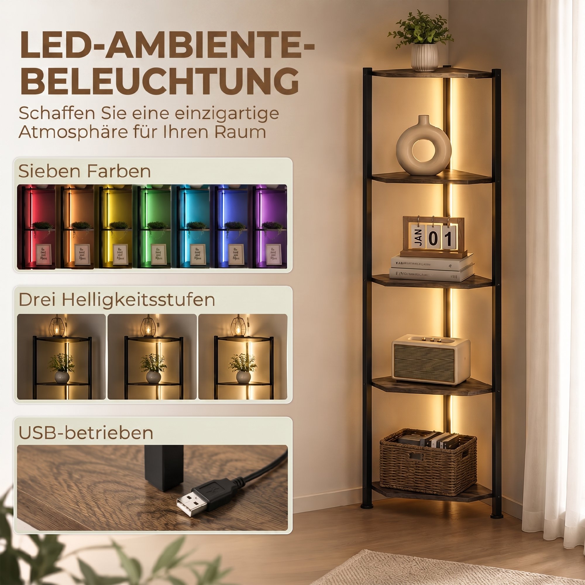 Bücherregal 5-stöckiges Eckregal mit LED-Beleuchtung für Wohnzimmer, Schlafzimmer, Büro, Rustikal Braun