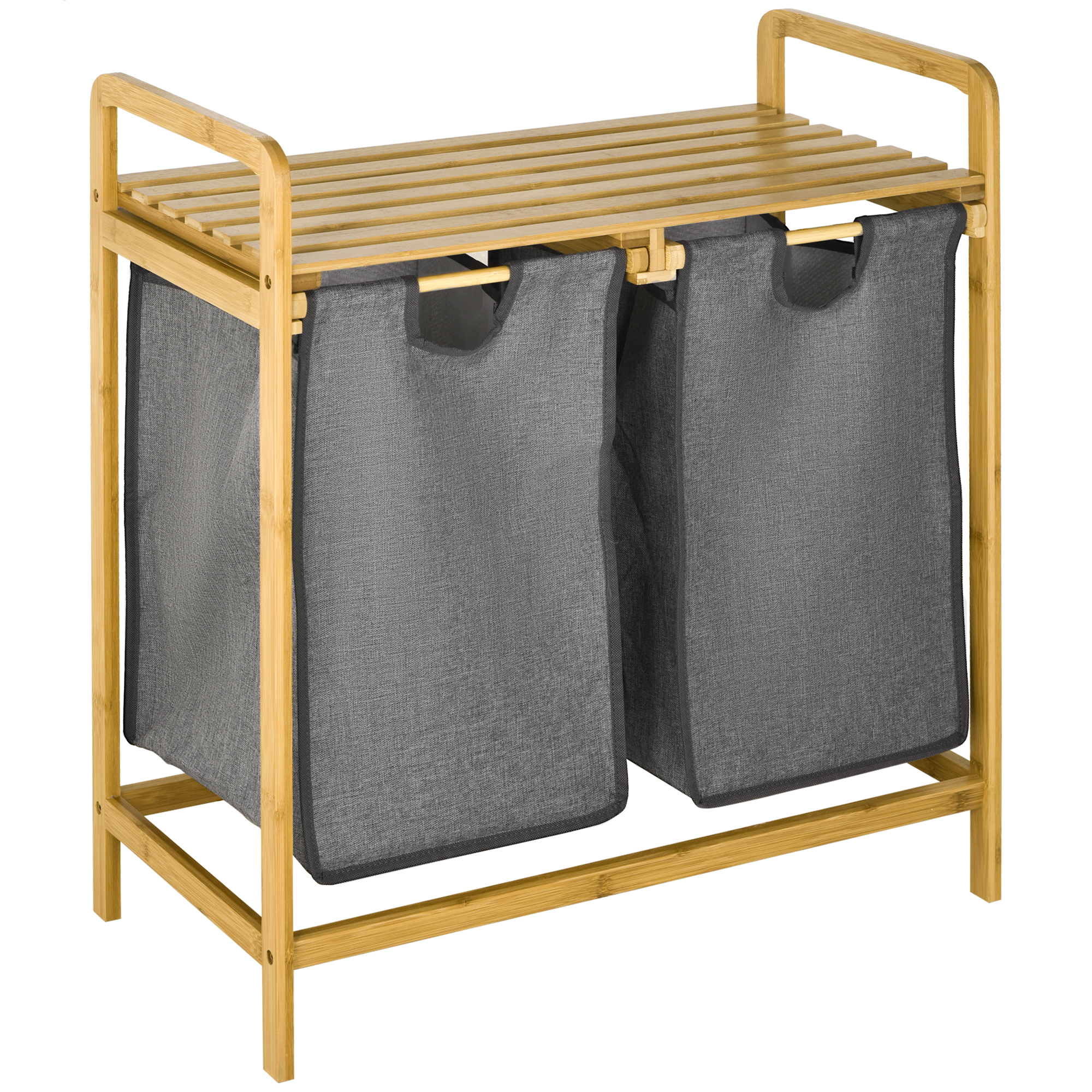 Wäschesammler Wäschekorb, 2 Wäschesäcke, 2 Griffe, Bambus, 63,5 x 33 x 73 cm, Grau + Natur