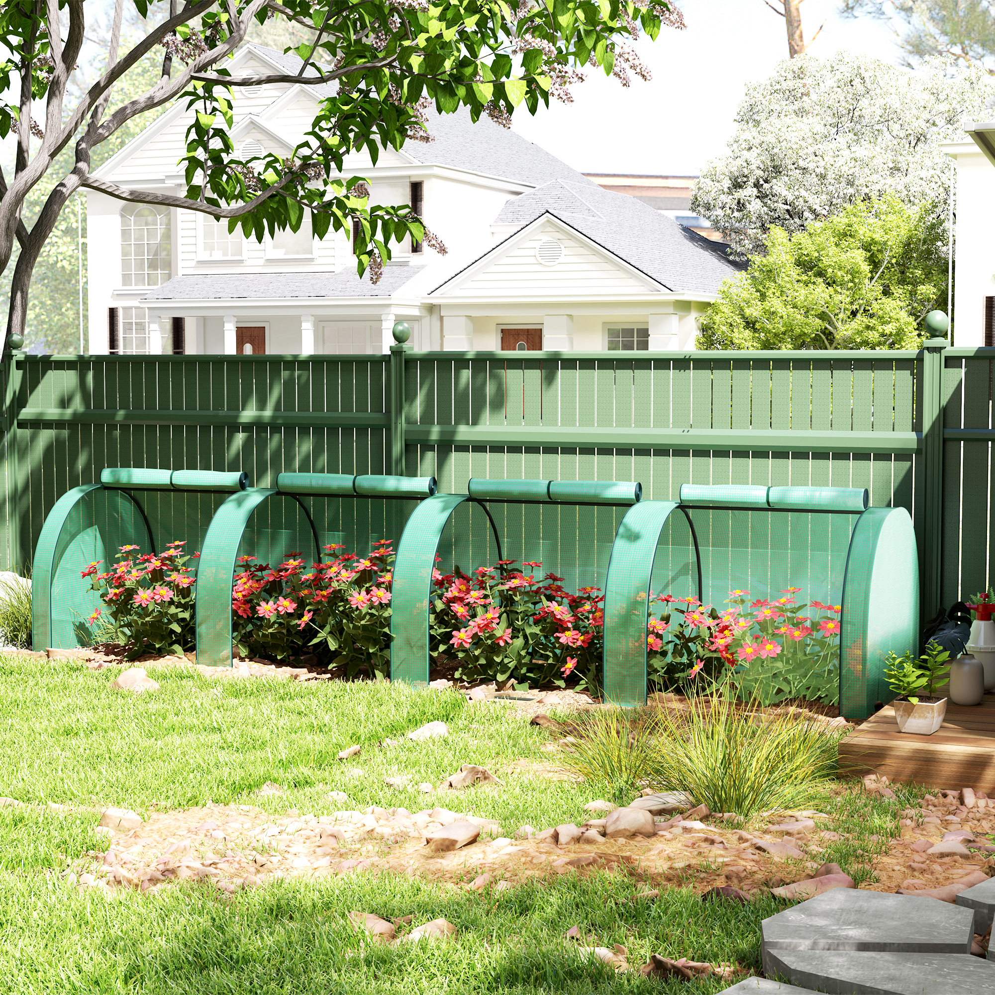 Tunnelgewächshaus, 4 Fenster mit Reißverschluss, Stahlrahmen, robuste Plane, 395 x 100 x 80 cm, Grün