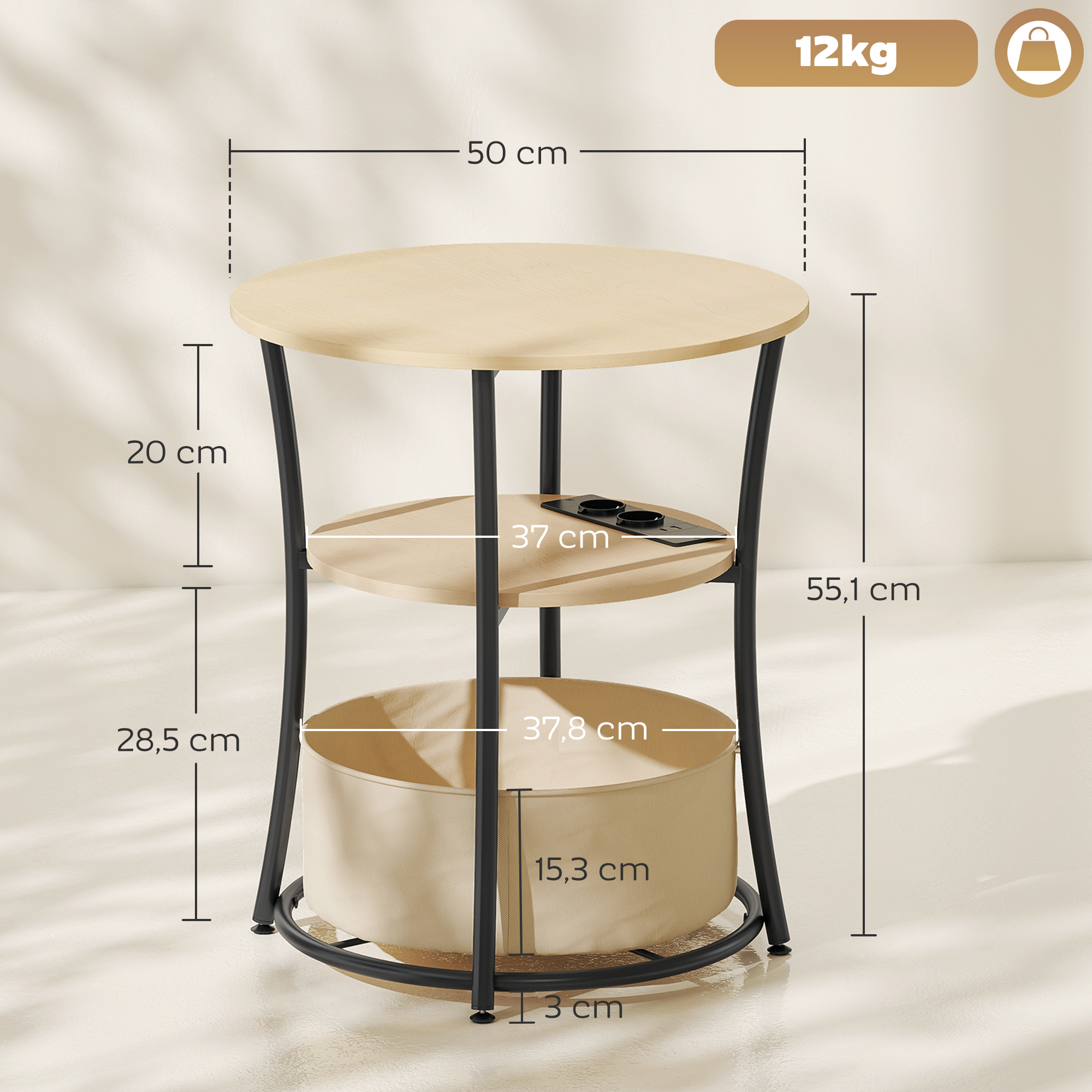 Beistelltisch 3-stufiger Couchtisch mit Ladestation, Stoff-Aufbewahrungstasche, Ablage, 50x50x55,1 cm Naturholz