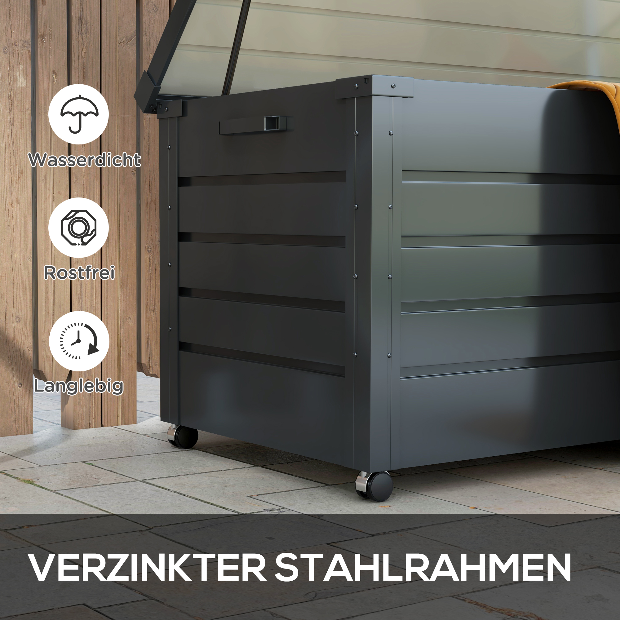 Outdoor Aufbewahrungsbox, Gartenbox, Kissenbox, wetterbeständig, 4 Rollen, 100 x 62 x 65 cm, Dunkelgrau