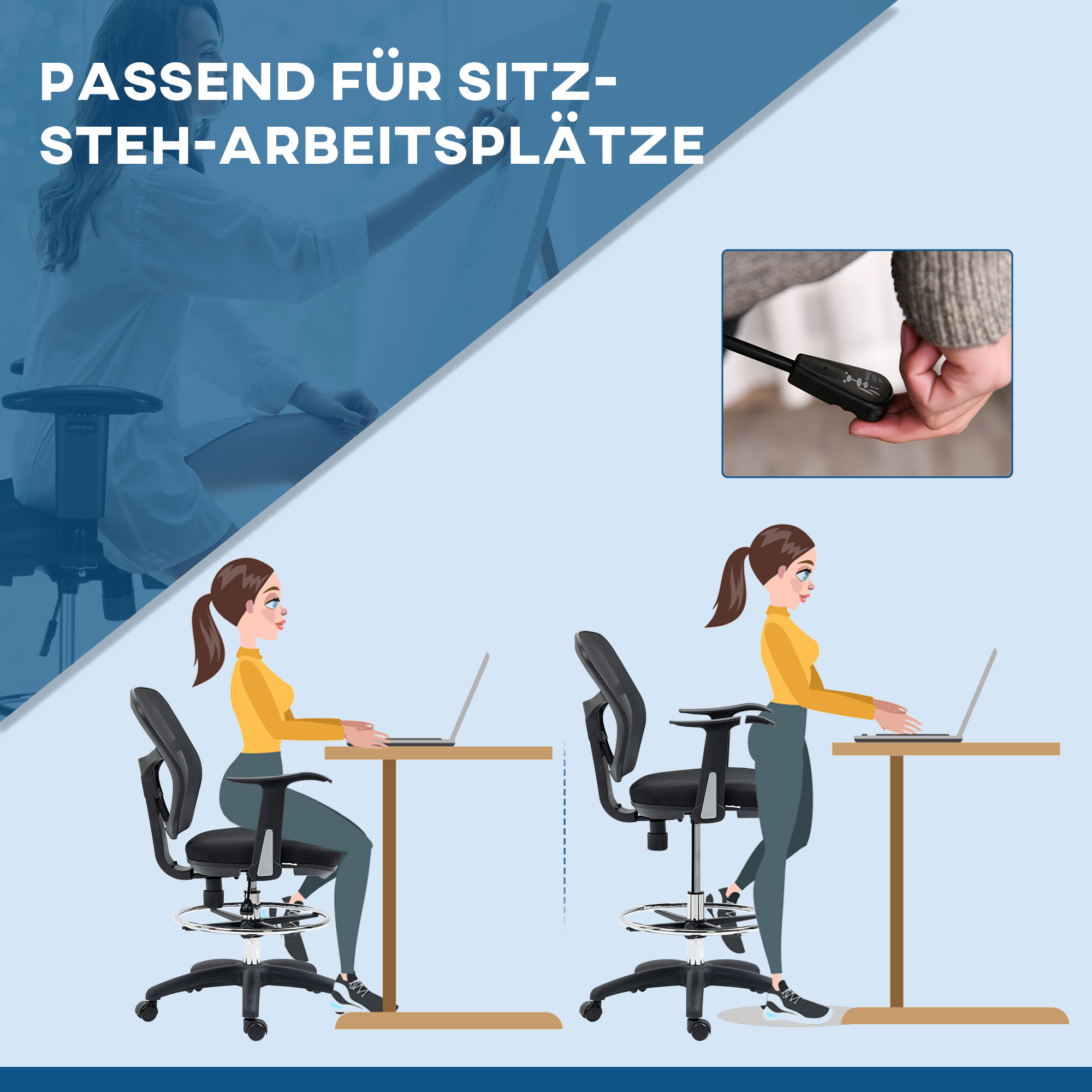Zeichenstuhl Schreibtischstuhl Computerstuhl, inkl. Fußstütze, höhenverstellbar, 59 x 59 x115 cm, Schwarz