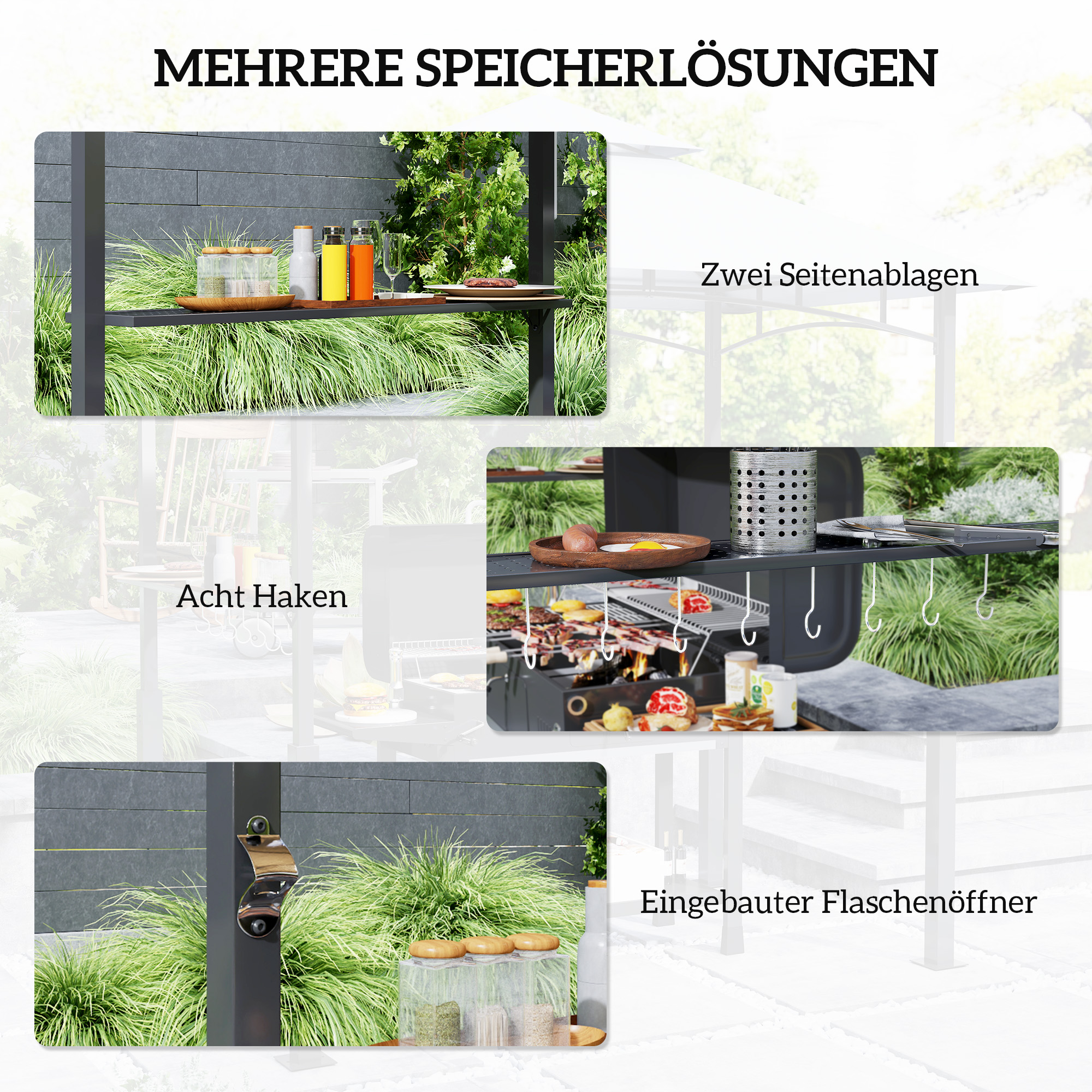 Grillpavillon, Gartengrillzelt mit Gewürzregalen, LED-Beleuchtung, Metall, Kunststoff, 243L x 148B x 248H cm, Grau