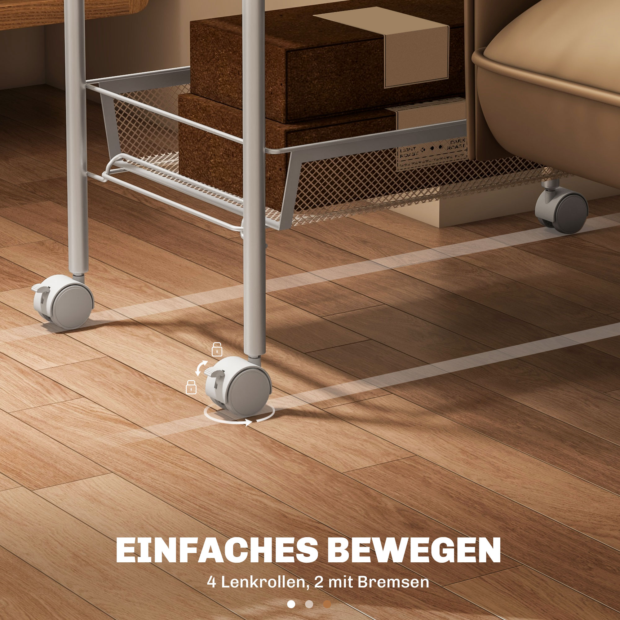 Küchenwagen mit 5 Drahtkörben, 4 Haken, 4 Rollen, 2 Griffe, Stahl/Kunststoff, 45x26,5x106 cm, Weiß