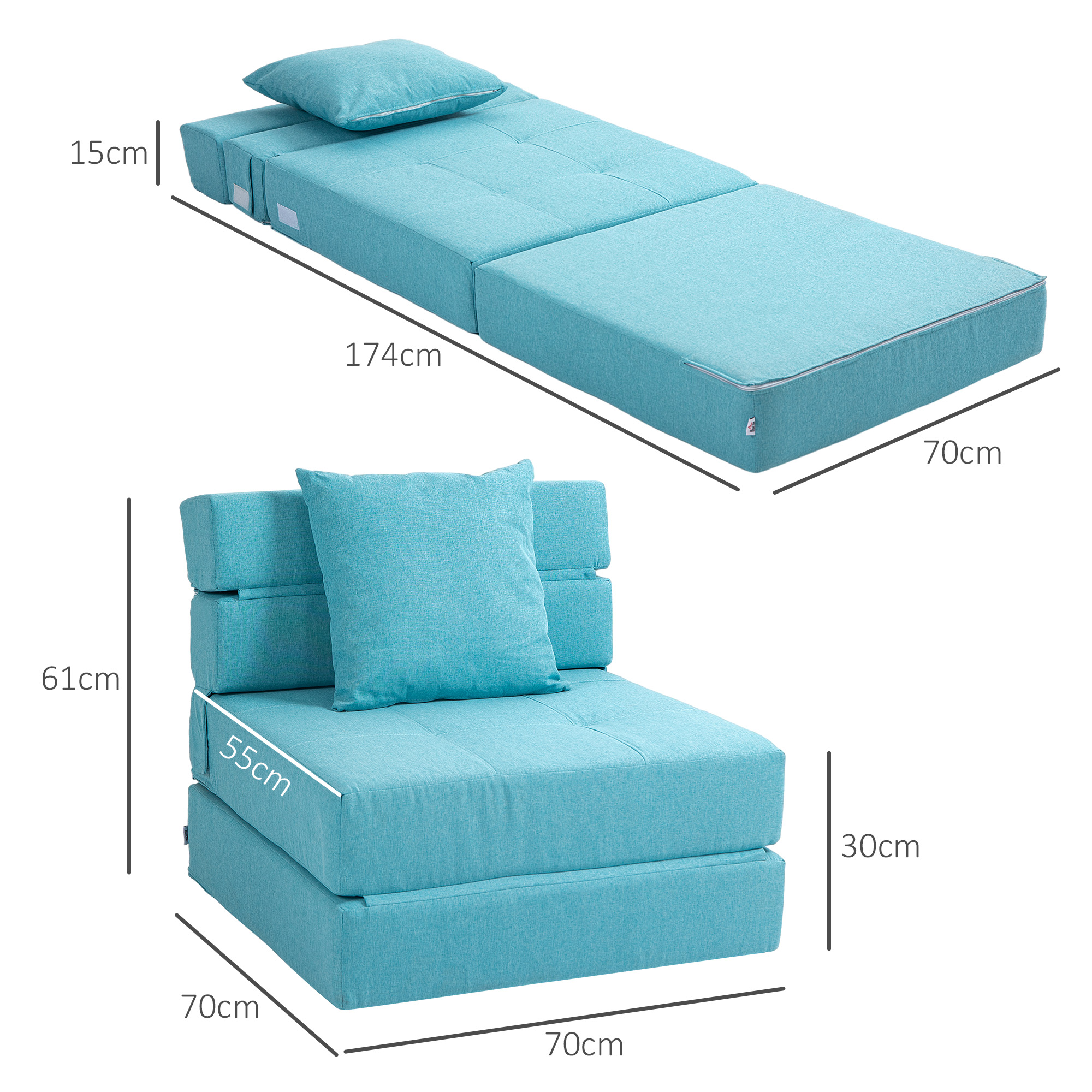Schlafsessel Relaxsessel Gästebett. abnehmbarer Bezug, 70 cm x 70 cm x 61 cm, Hellblau