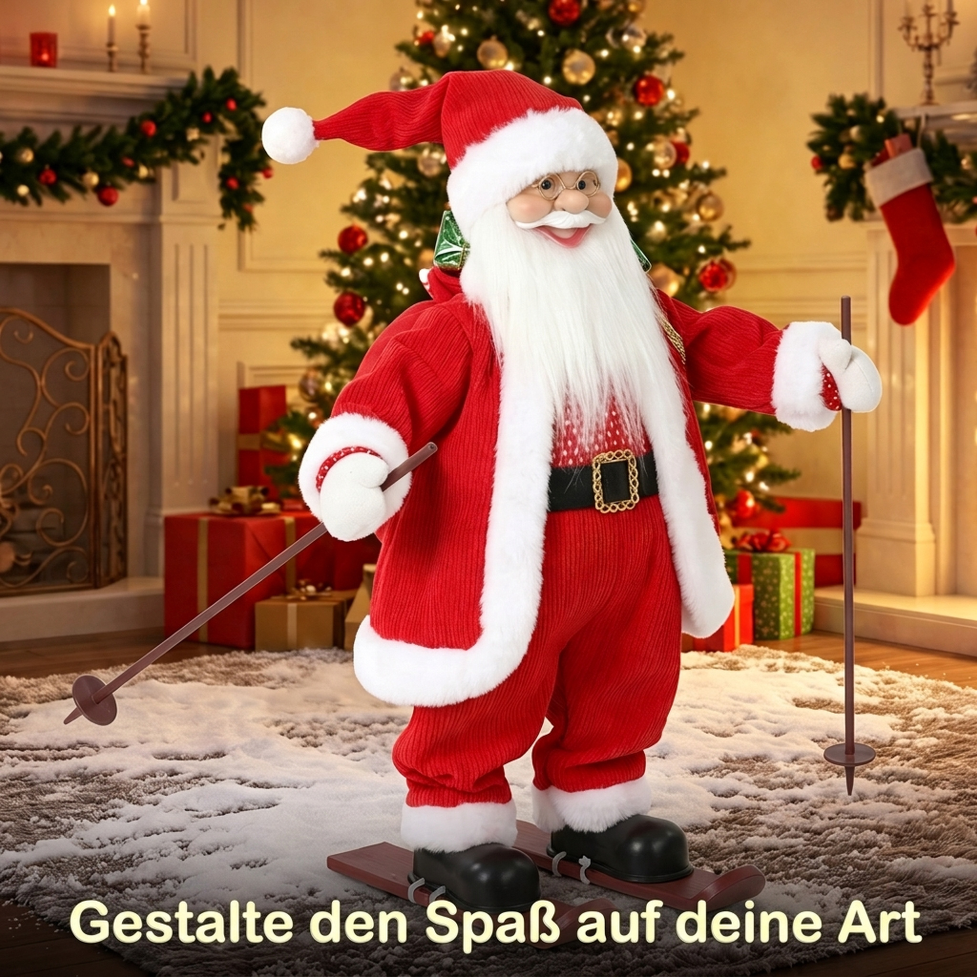 Singender Ski-Weihnachtsmann, 66 cm, animierte stehende Weihnachtsfigur mit Skiern, Geschenkesack und Geräusch-/Berührungsaktivierung