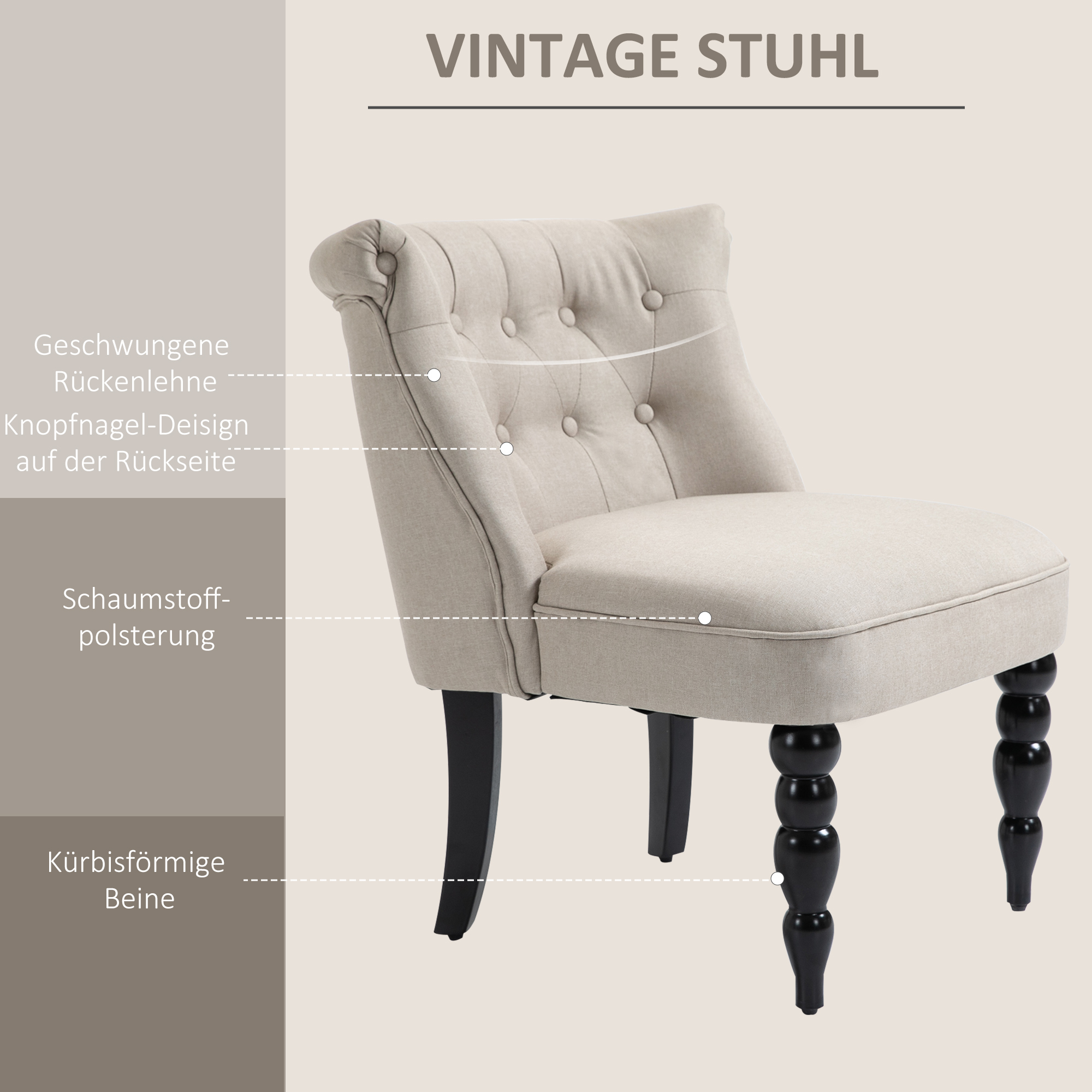 Relaxsessel Vintage Ruhesessel Relaxstuhl Polstersessel Esszimmerstuhl Leinenbezug Holzgestell Beige+Schwarz 67 x 67 x 78 cm