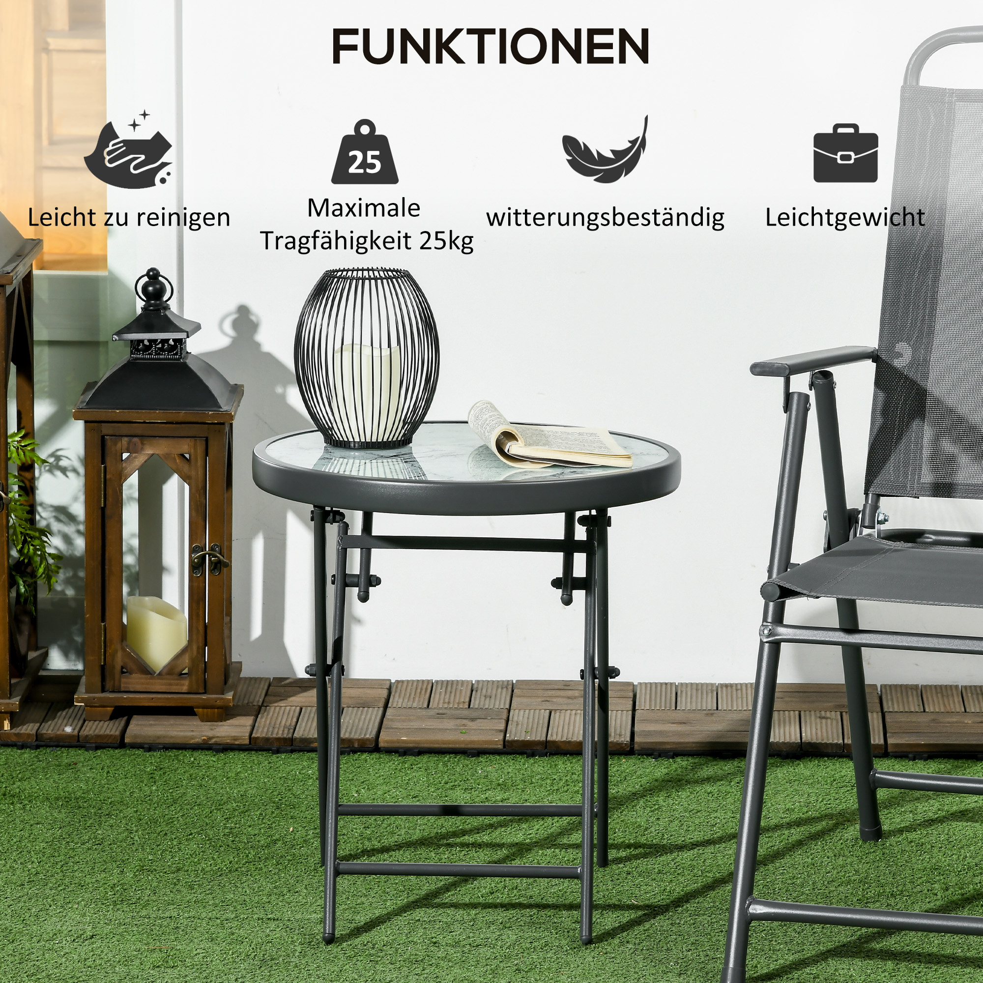 Klappbarer Beistelltisch, Outdoor-Klapptisch, mit Tischplatte aus gehärtetem Glas, für Terrasse, 45 x 45 x 50 cm, Weiß