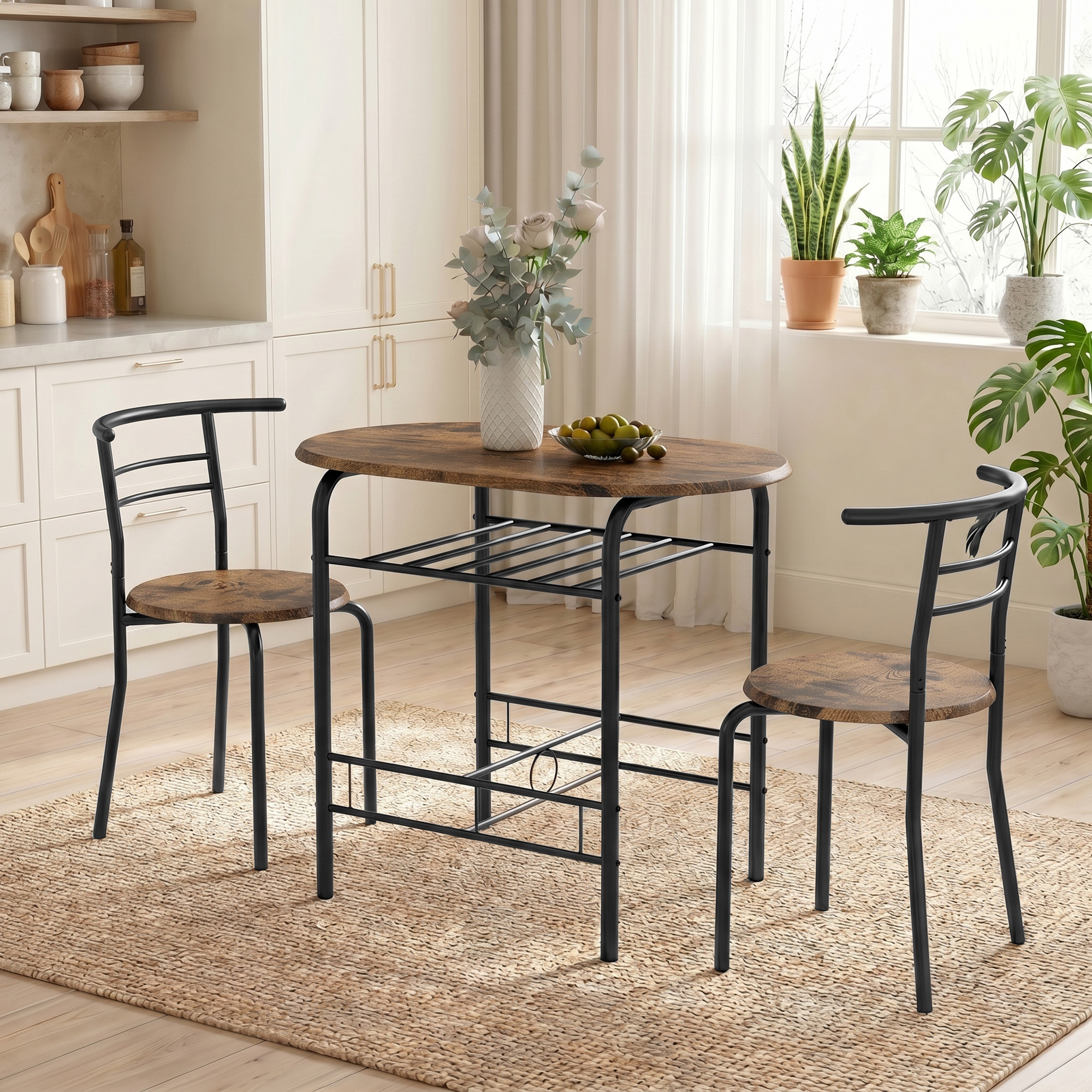 Essgruppe 3-teilig, Küchentisch und Stühle für 2 Personen mit Regal, Wohnzimmer, Rustikal-Braun Holz-Optik
