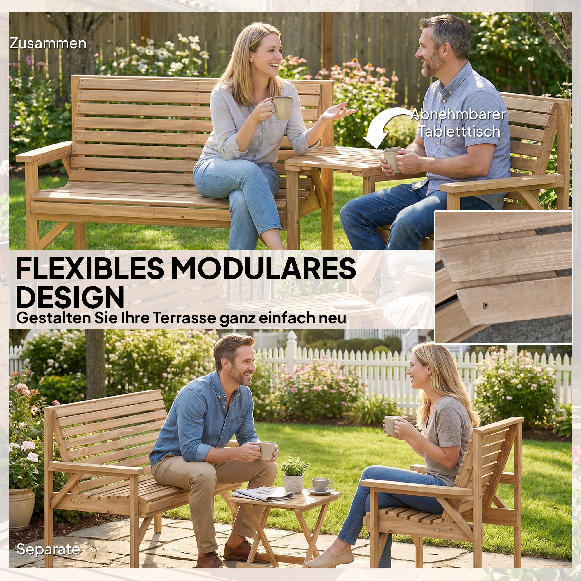 Gartenstühle 3er-Set, Balkonmöbel Set mit Sonnenschirmloch, Gartenstuhl, Bank, abnehmbarem Tisch 121x65x90 cm Naturholz
