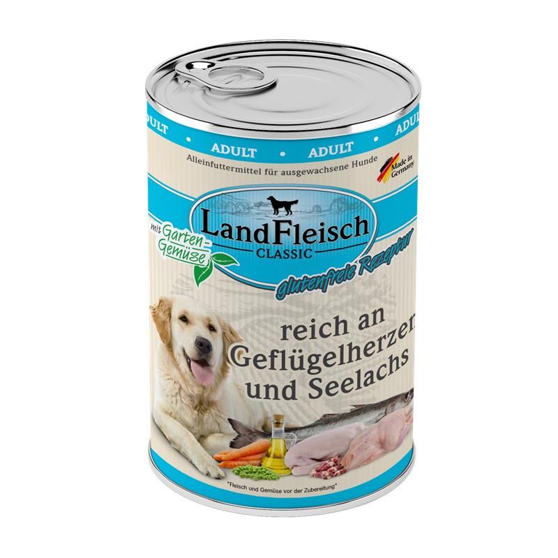Landfleisch Dog Classic Geflügelherzen & Seelachs mit Gartengemüse - 400g Landfleisch Dog Classic Geflügelherzen & Seelachs mit Gartengemüse - 400g