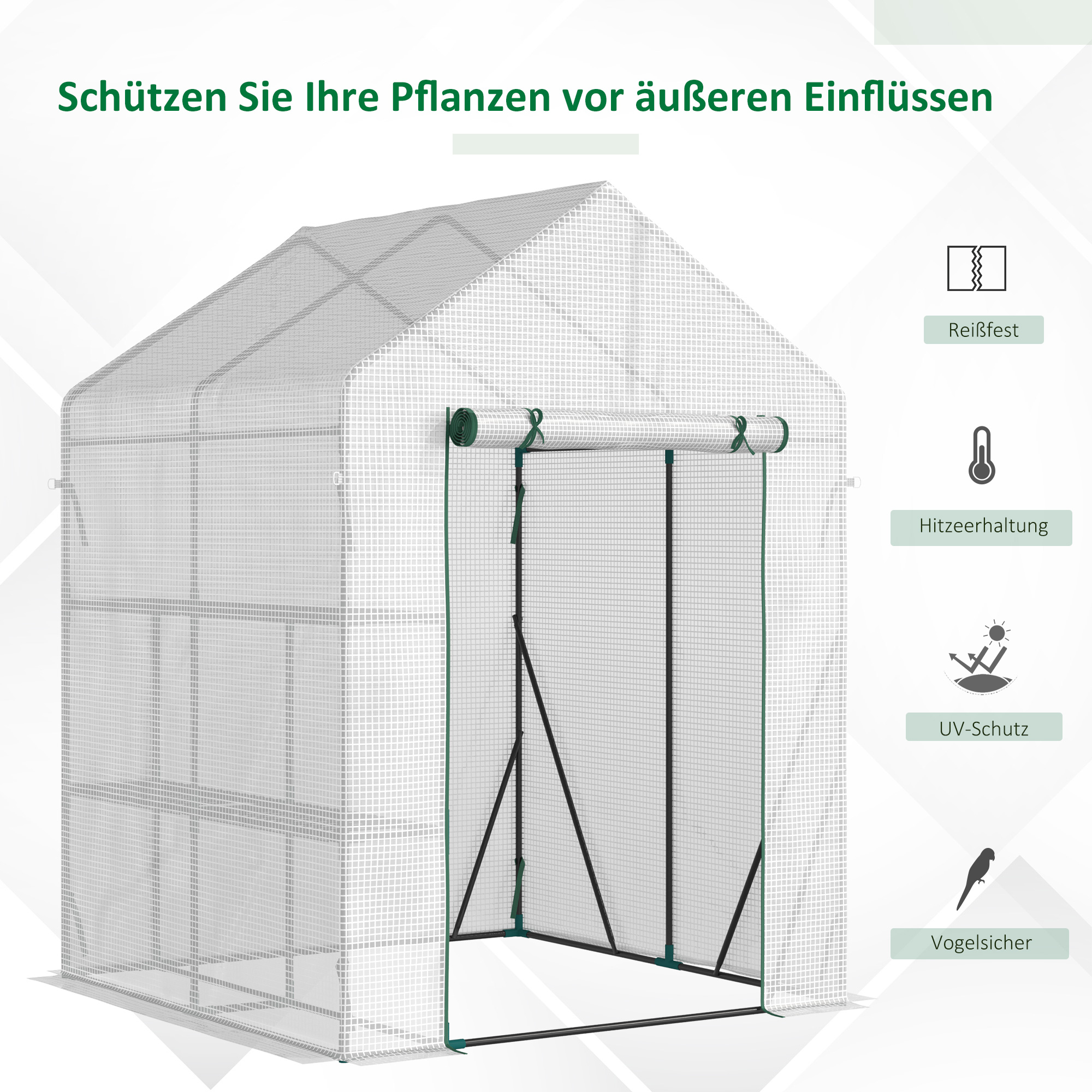 Foliengewächshaus begehbares Gewächshaus mit 4 Regalebenen Tomatengewächshaus Treibhaus Frühbeet mit Reißverschlusstüren Weiß Stahl PE-Kunststoff 143 x 143 x 195 cm