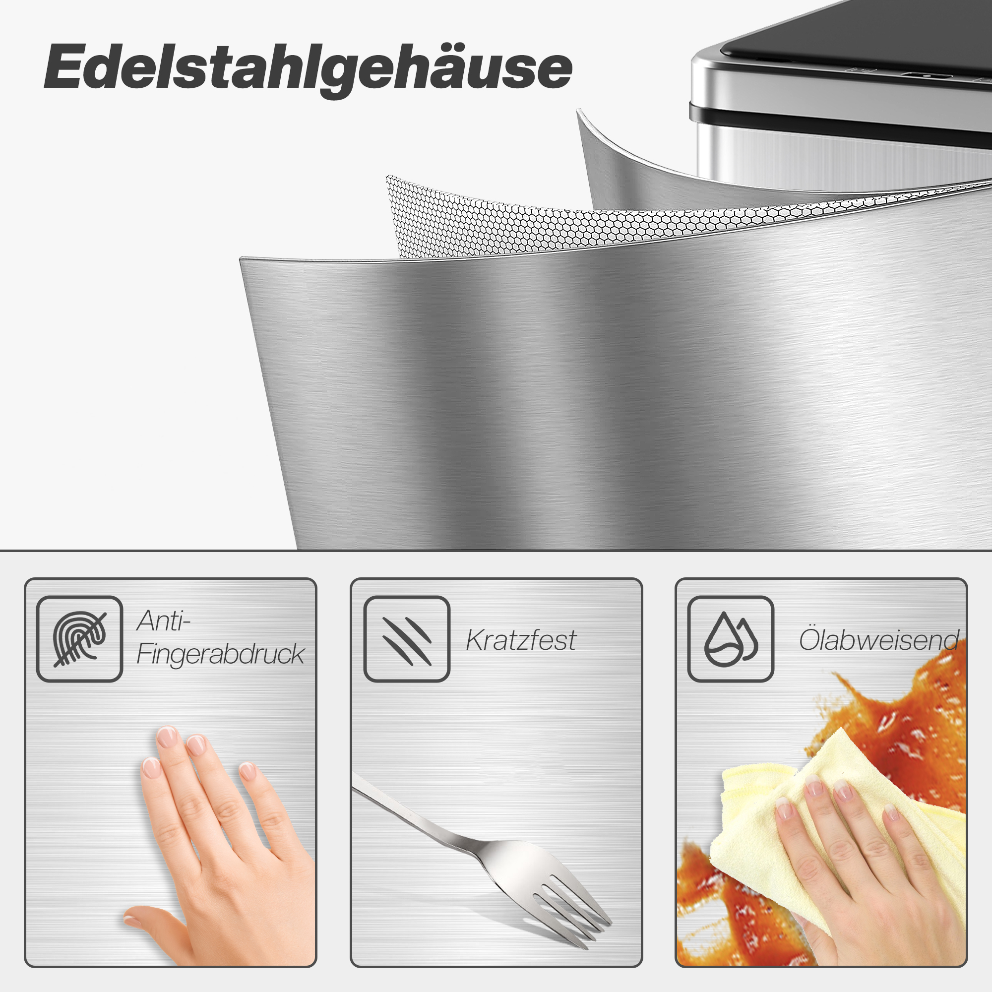 Sensor Mülleimer 50l Edelstahl Automatischer Mülleimer mit Soft-Close-Deckel Bewegungssensor 35,5 x 26 x 67 cm Silber
