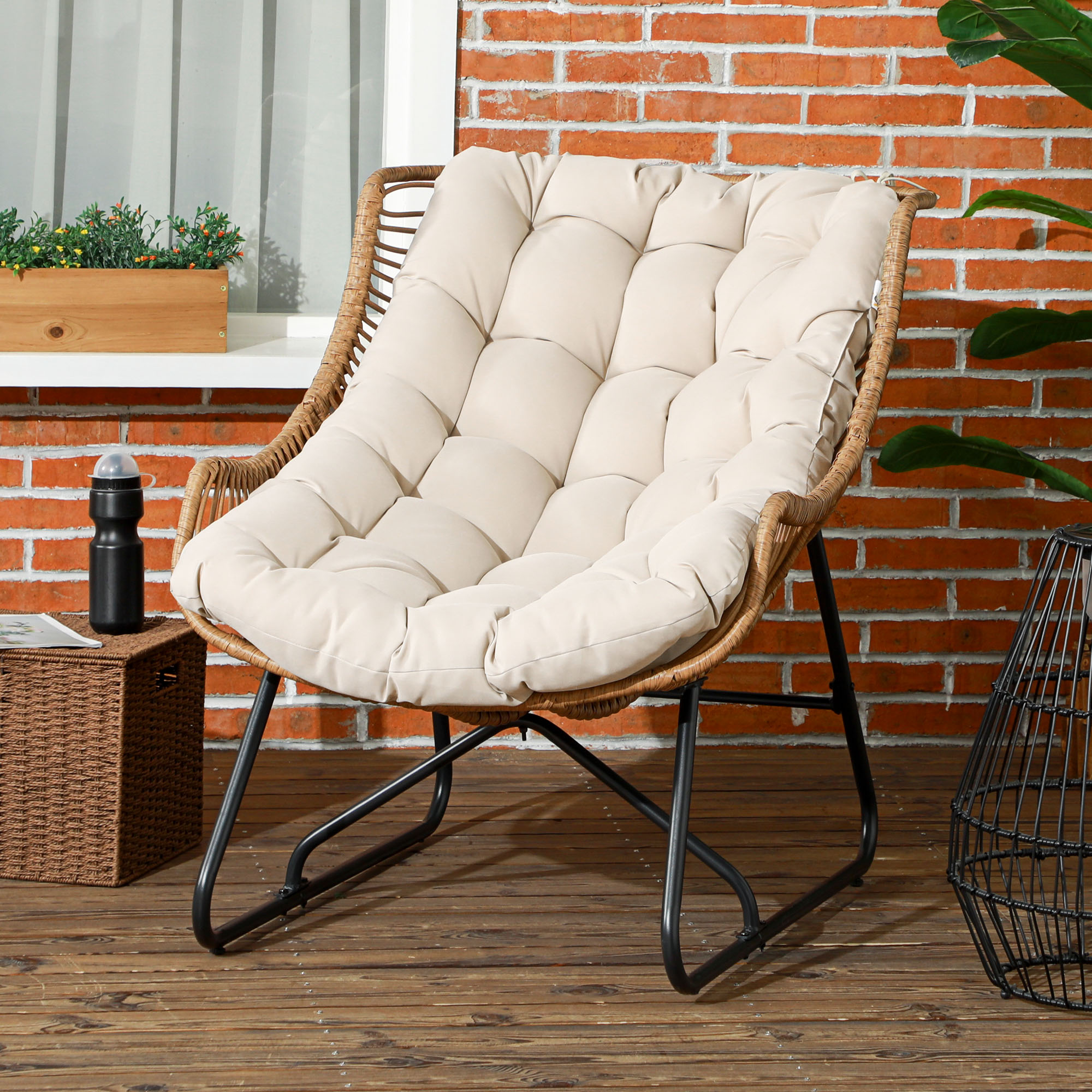 Garten Lounge, Rattanoptik, Outdoor Sessel, mit Auflage, Metallrahmen, 75x101x90 cm, Natur/Khaki/Schwarz