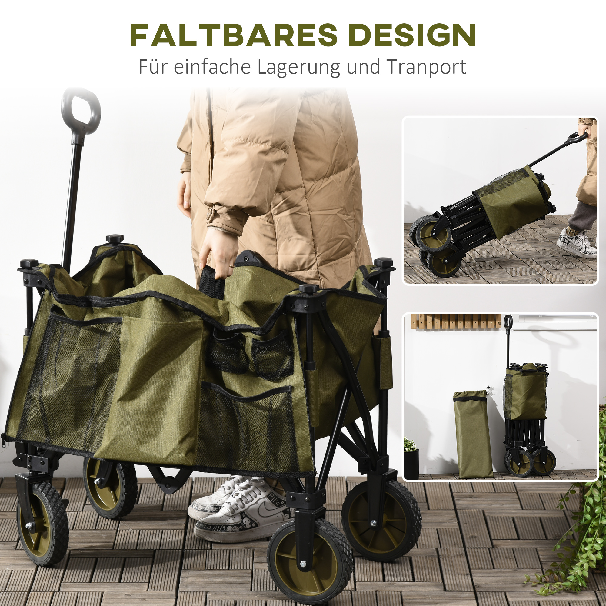 Bollerwagen, klappbar, 5 Seitentaschen, verstellbarer Griff, bis 120 kg belastbar, Stahl, 108 x 55 x 93 cm, Grün