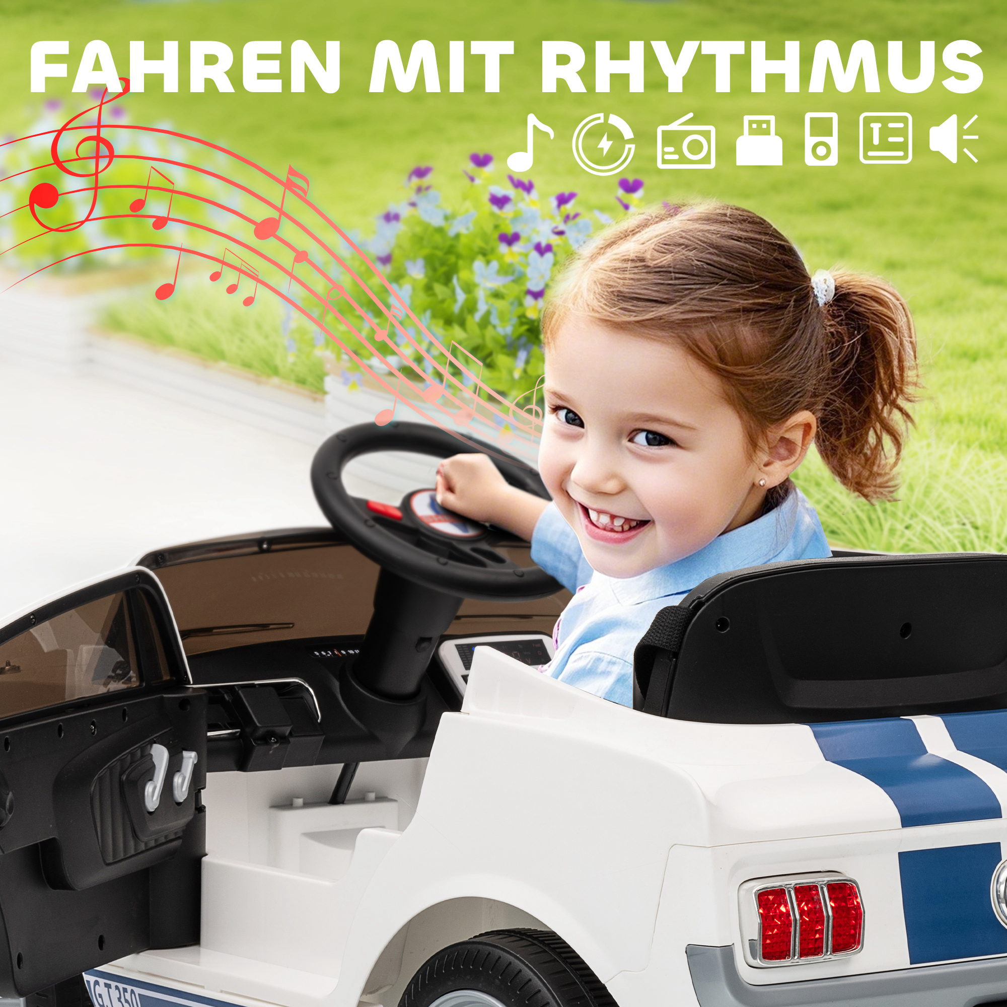 Kinder Elektroauto 12V Kinderauto mit 2,4 GHz Fernbedienung, 2 Motor Hupe, LED, Musik Weiß