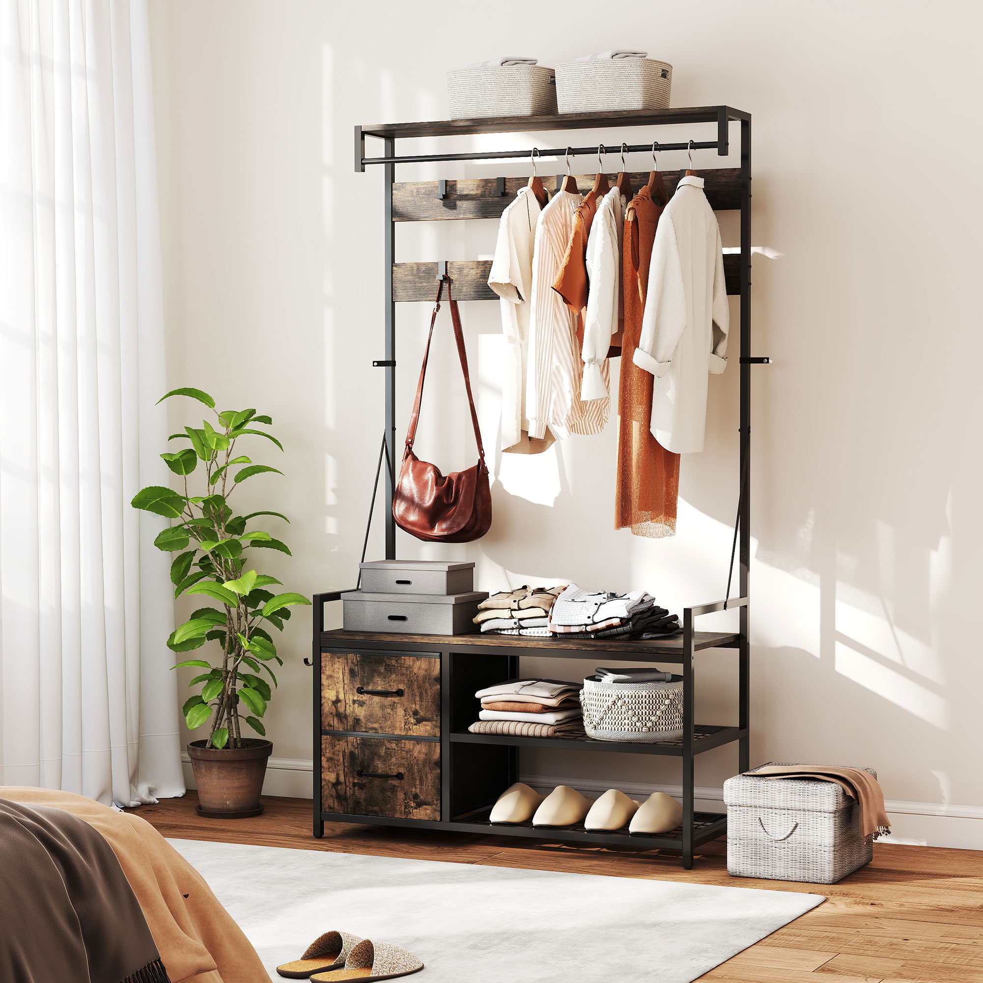 6-in-1 Garderobenständer mit Schuhregal, Industrie-Stil, 10 Haken, 2 Stoffschubladen, Metall, Braun