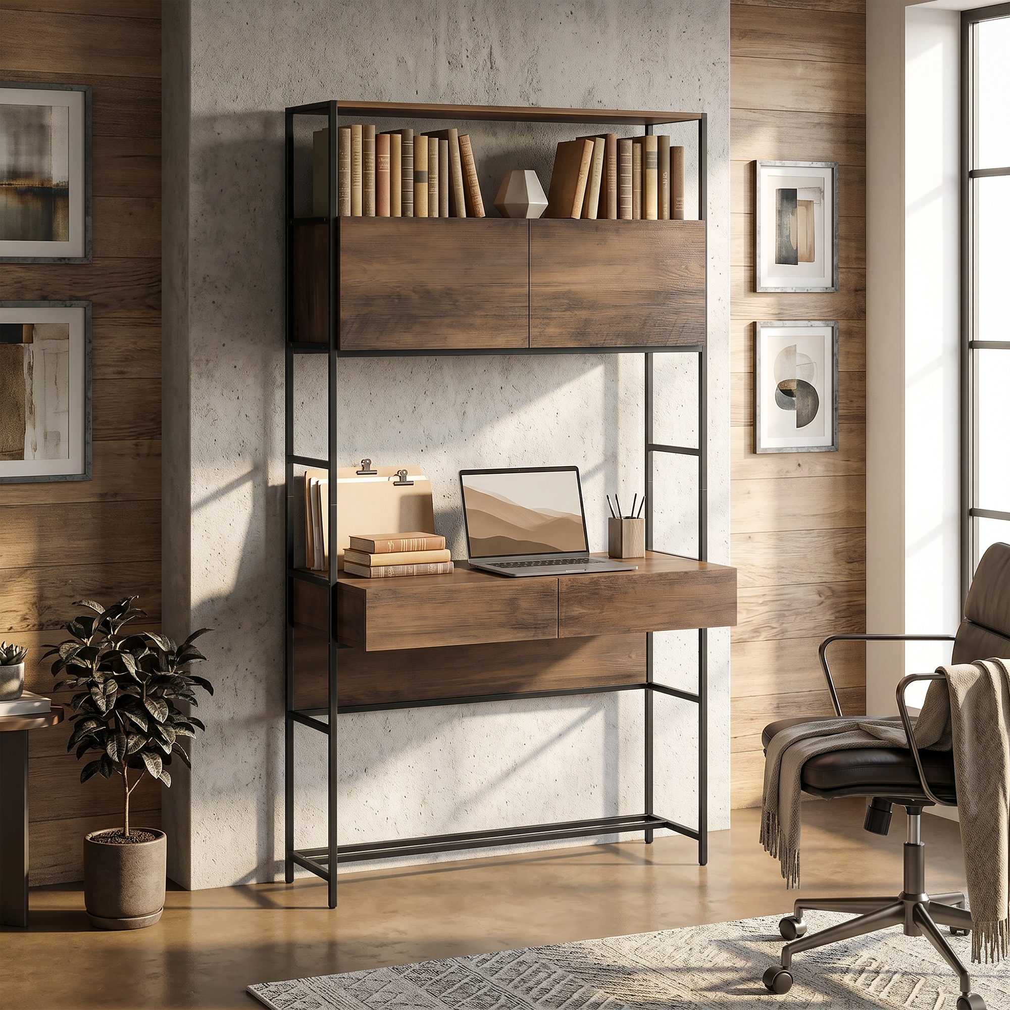 Computertisch mit Regalen und 2 Schubladen für das Home Office, 185 cm hoch, Braun Holzoptik