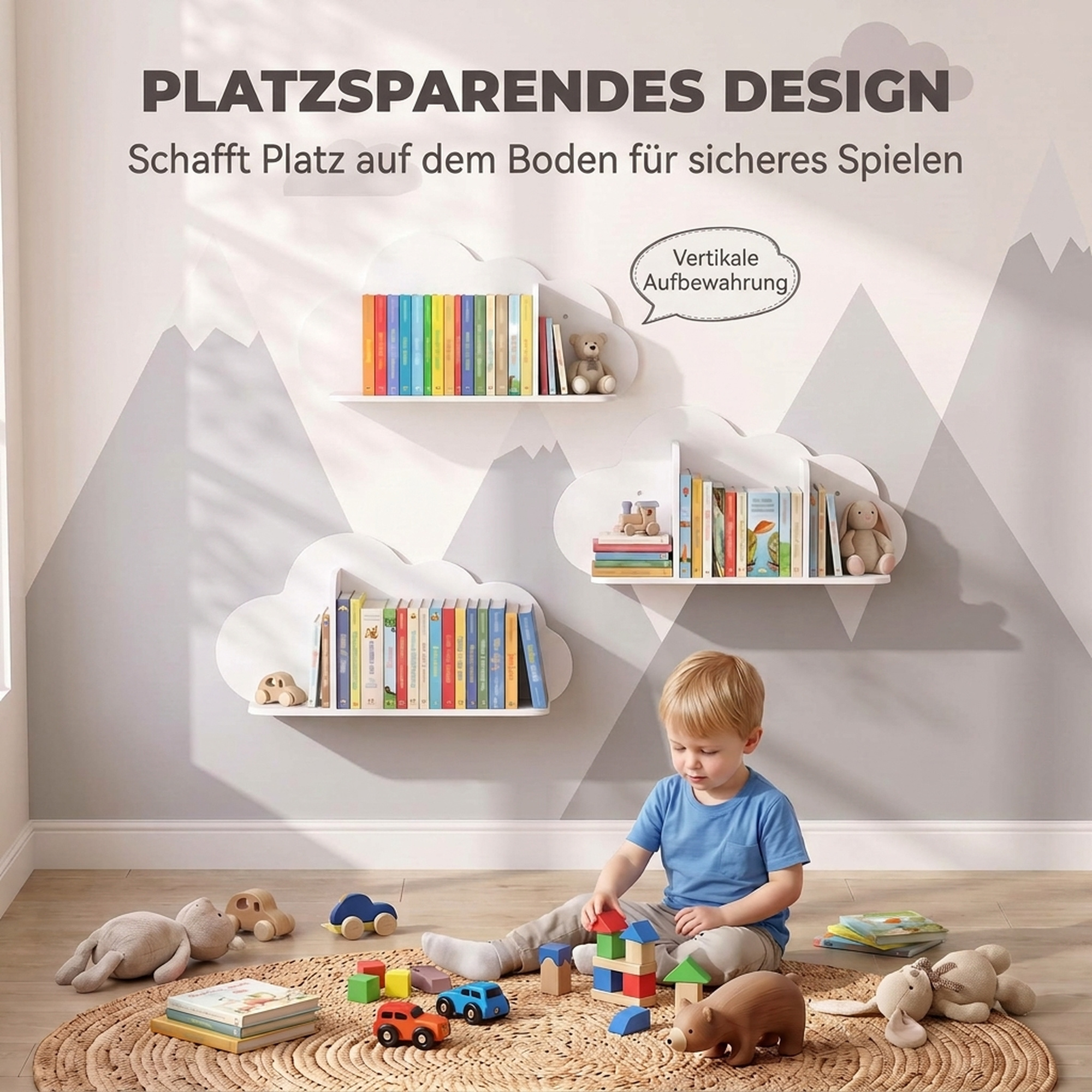 3er Set Wandregal Kinder 60cm Wand Bücherregal im Wolkenform Schwebende Bücherregal Montessori für 3–8 Weiß