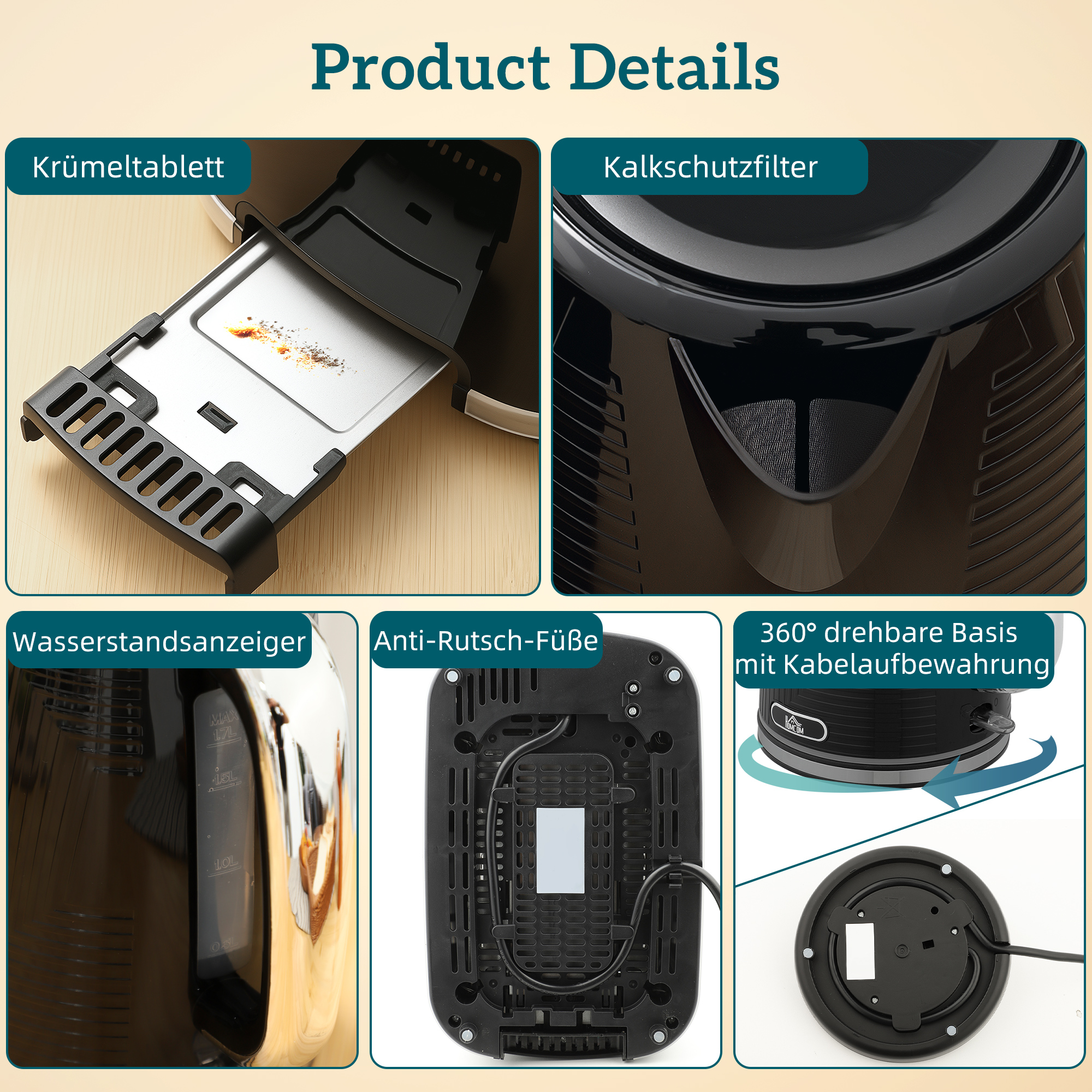 Wasserkocher- und Toaster-Set, 2200W, Otter-Thermostat, 2-Schlitz-Toaster, 7 Bräunungsstufen, Krümelfach, Schwarz