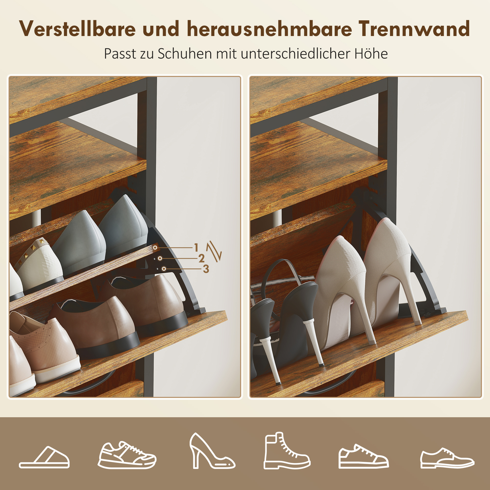 Schuhschrank mit 4 klappbaren Schubladen, schmales Design, offenes Regal, für 12-20 Paar Schuhe, Stahl, Braun