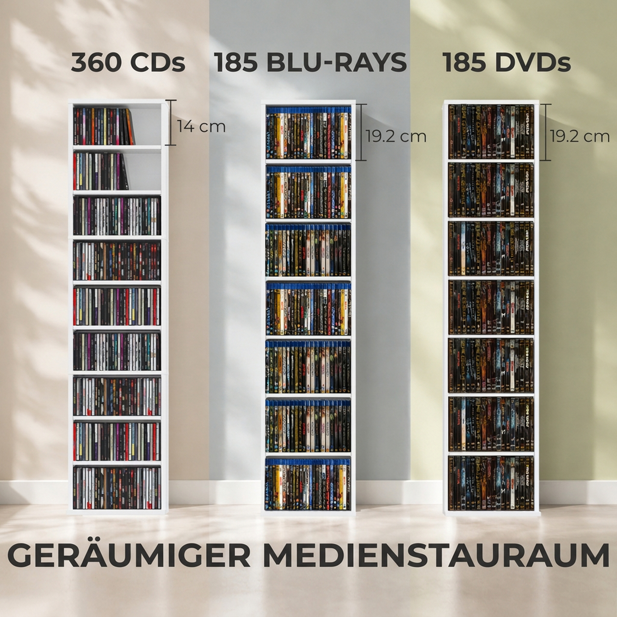 CD-/DVD-Regal, 9 Ebenen, schmales Standregal mit 6 verstellbaren Böden, für 260 CDs, Weiß