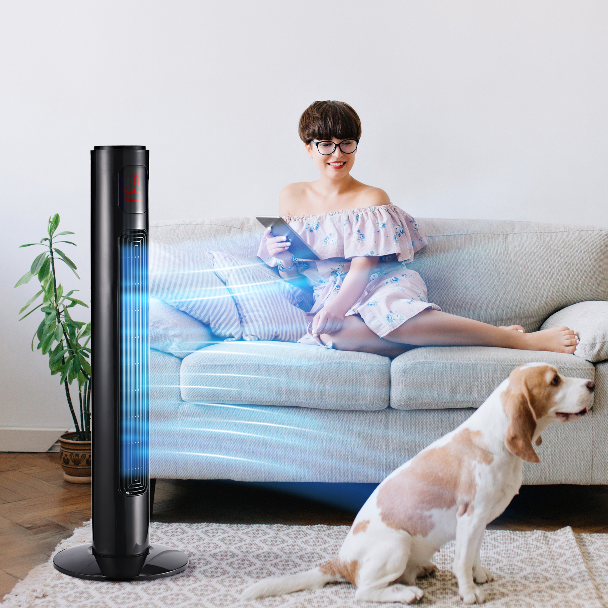 70° oszillierender Turmventilator mit Fernbedienung 3 Modi 3 Geschwindigkeiten Timer 32 x 32 x 96 cm Schwarz