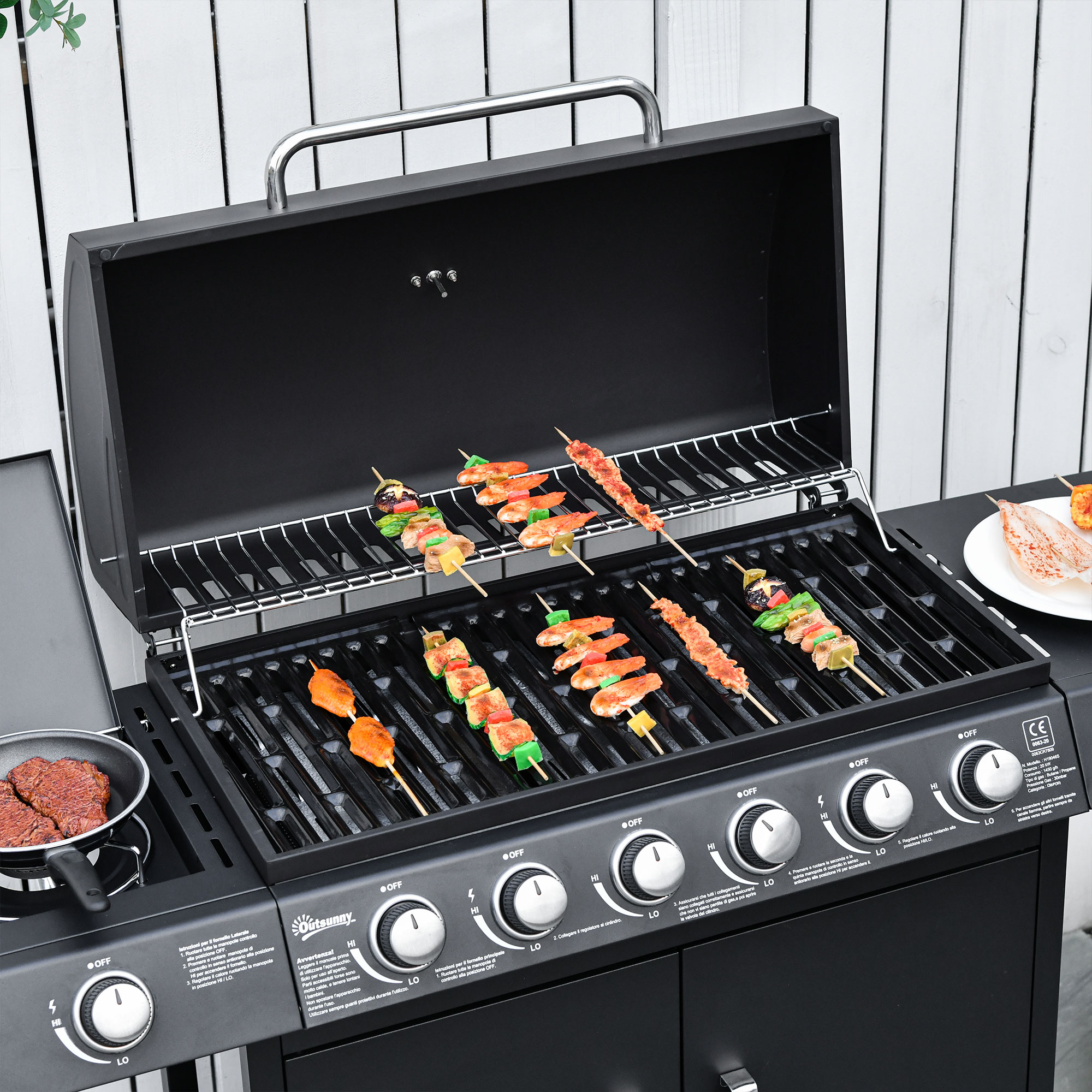 Gasgrill mit 7 Brennern, inkl, Thermometer,  BBQ -Grill, mobiler Grill, Schwarz