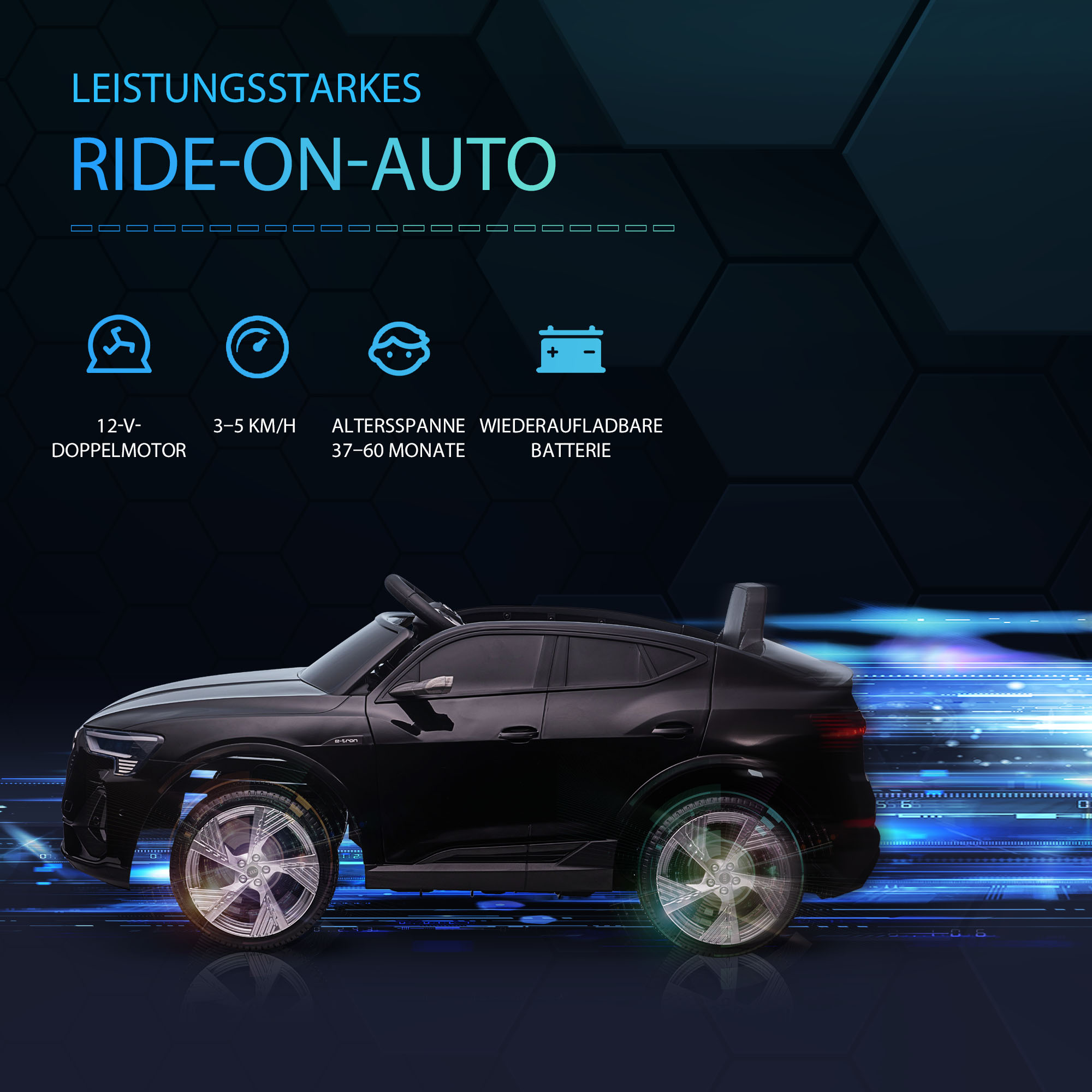 Kinderfahrzeug Audi E-tron Elektroauto mit Fernbedienung, Sicherheitsgurt, Musik (MP3/USB/TF), Kinderfahrzeug für Kinder 3-5 Jahre, 3-5 km/h, Schwarz