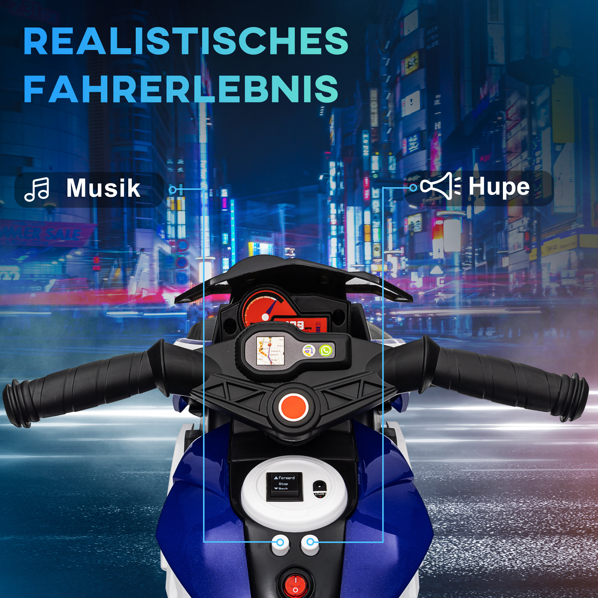 Elektro-Kindermotorrad, Lichter & Geräusche, 3 km/h, wiederaufladbar, Kunststoff & Metall, Blau/Weiß