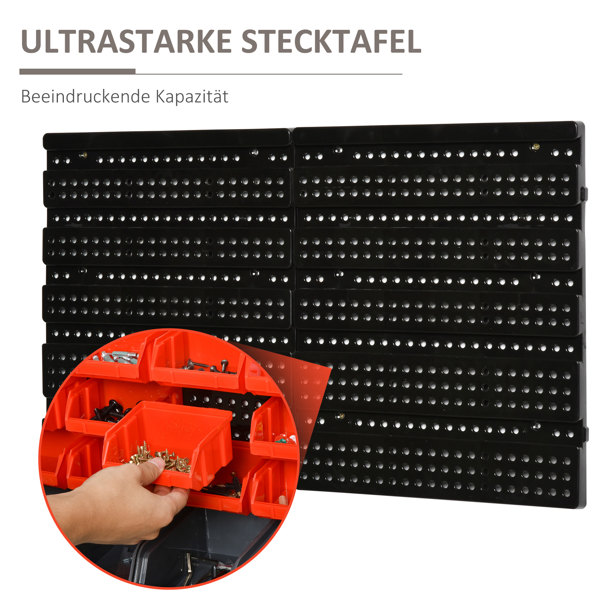 Aufbewahrungs-System Wandregal mit Stapelboxen, 30 Boxen, 2 Lochplatten, 37,5 cm x 18 cm x 63 cm, Rot + Grau+ Schwarz