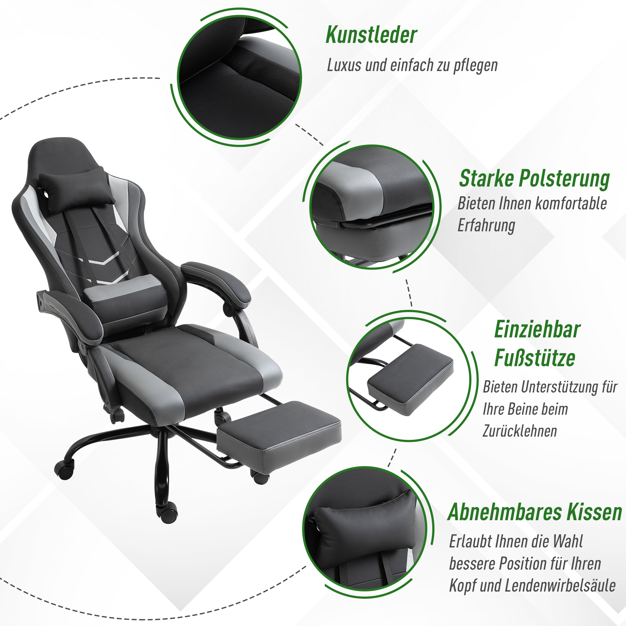 ergonomischer Gaming Stuhl Bürostuhl Schreibtischstuhl, Drehstuhl Höhenverstellbar, Verstellbares Lendenkissen mit Fußstützen Schwarz 62x52x128 cm