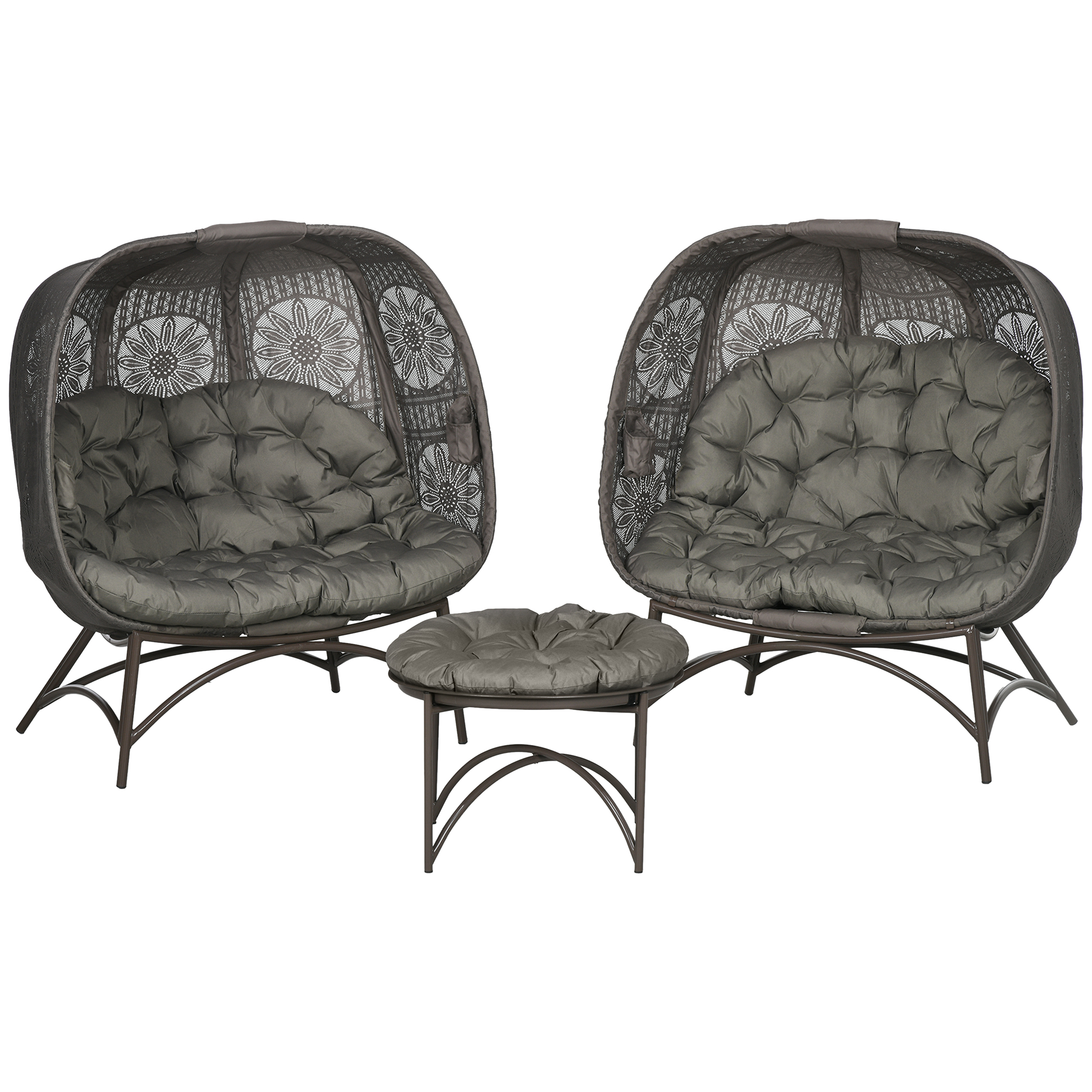Gartenmöbel-Set, 2 Korbsessel mit Beistelltisch, faltbar, Sitzauflagen, Metallgestell, Farbe: Sand Gartenmöbel-Set, 2 Korbsessel mit Beistelltisch, faltbar, Sitzauflagen, Metallgestell, Farbe: Sand