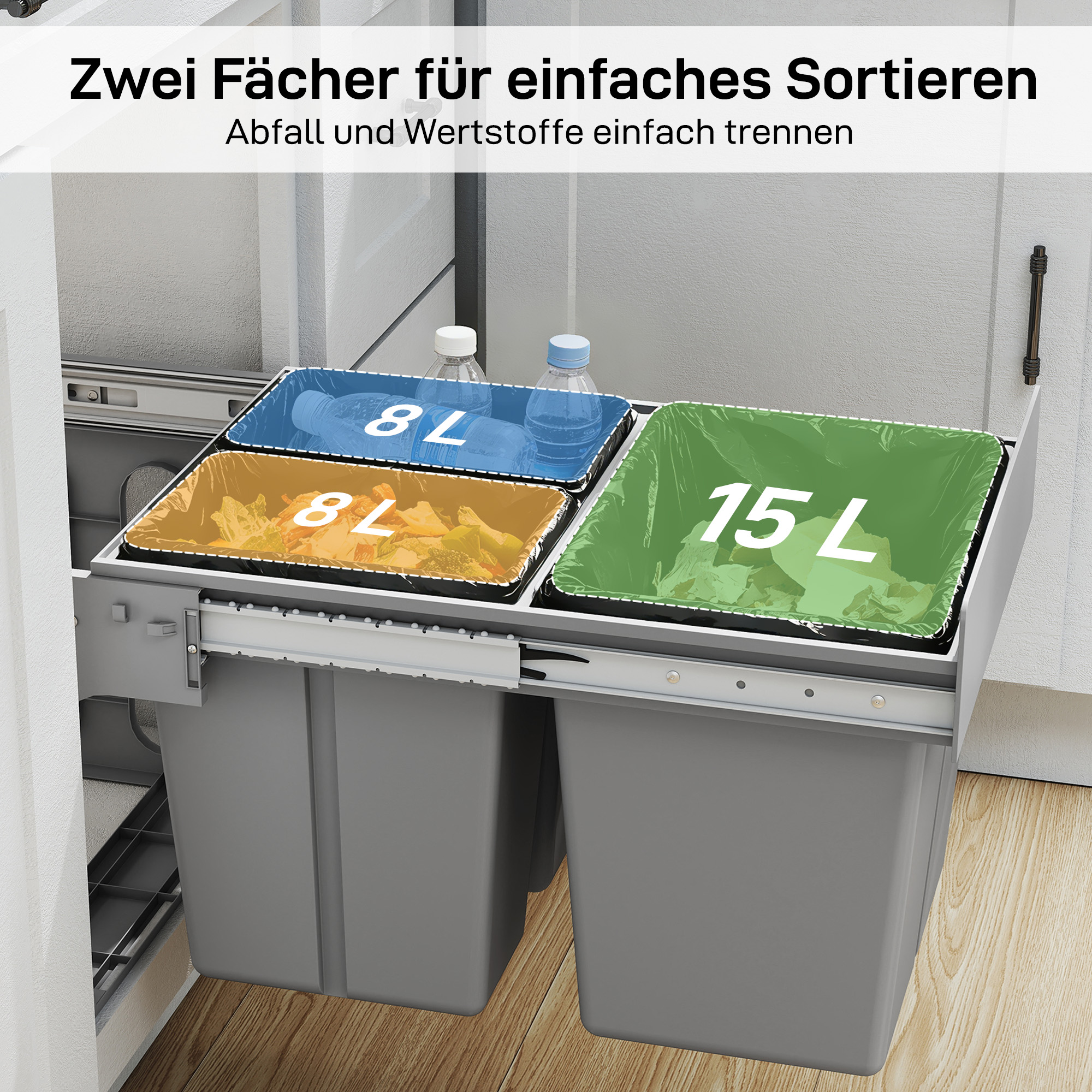 31L Ausziehbarer Abfallbehälter 15L + 8L x 2 mit herausnehmbaren Eimern