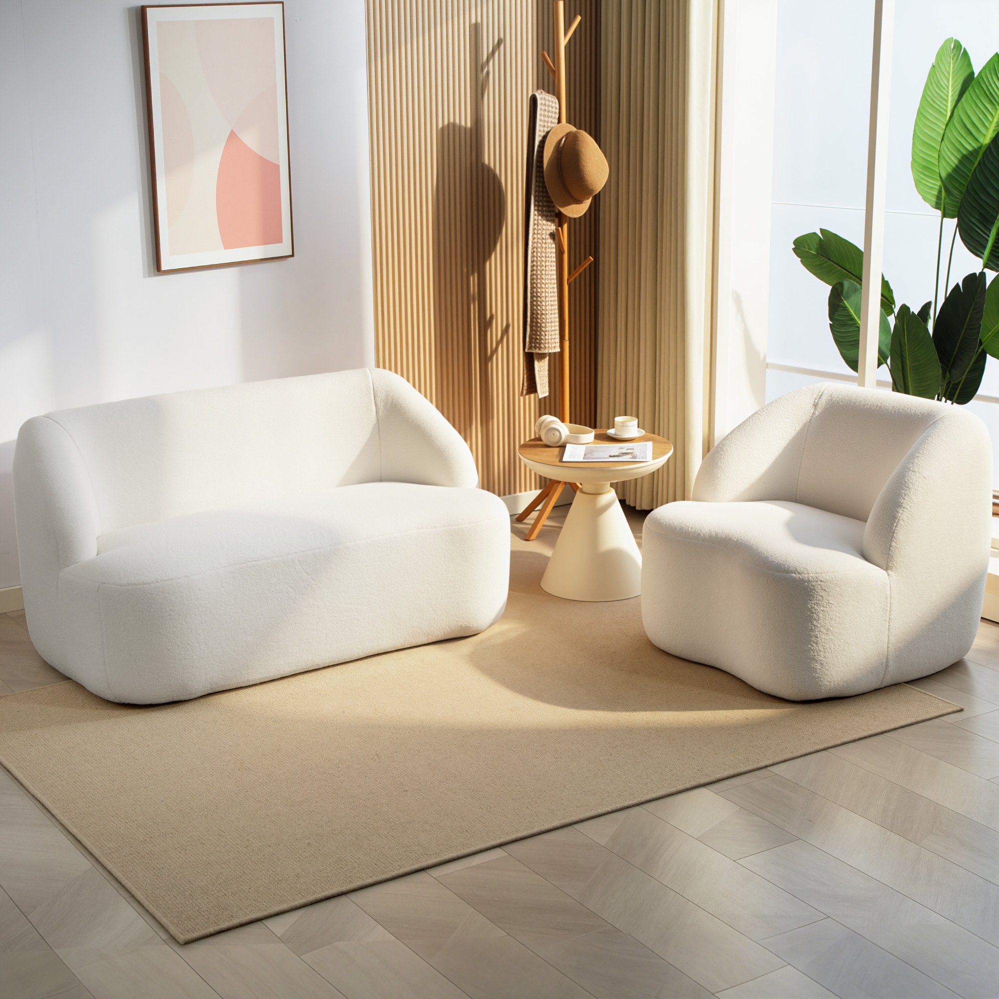 moderner Sessel mit Fleece-Polsterung, kuscheliger Polstersessel für Wohnzimmer, Schlafzimmer, Homeoffice, Cremeweiß