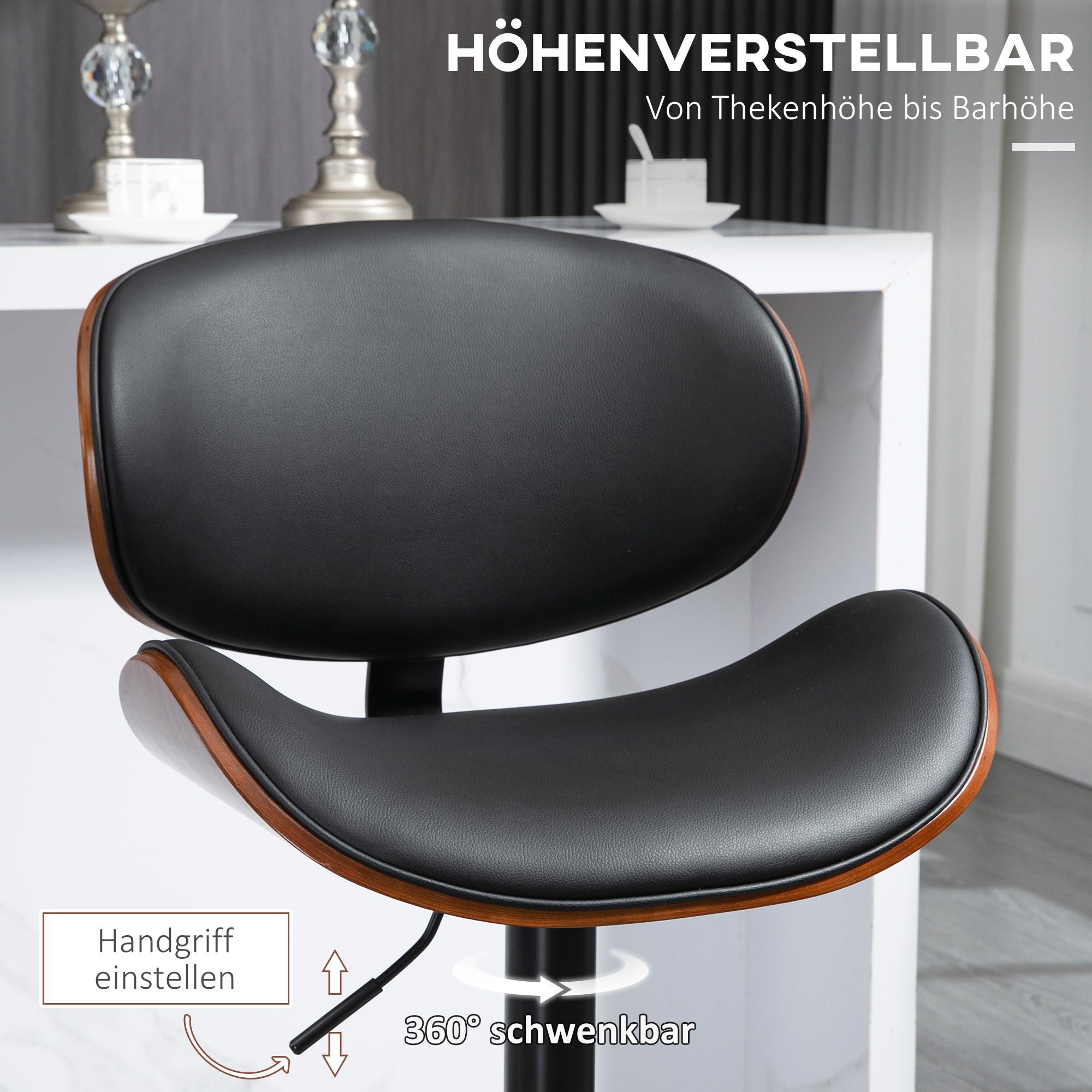 Barhocker-Set, höhenverstellbar, drehbar, Kunstleder, Stahlrahmen, schwarz, 53 x 50,5 x 112,5 cm