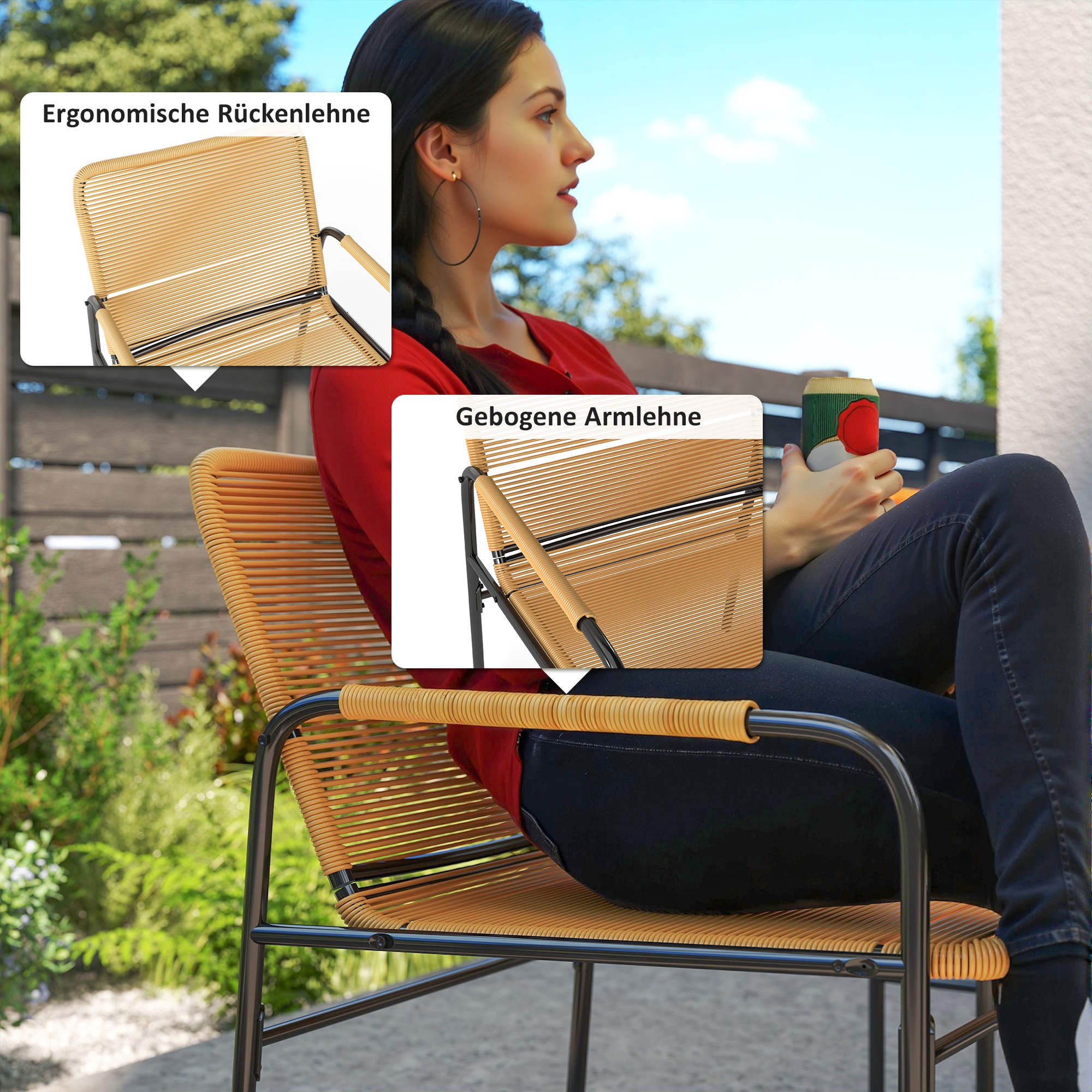 3-tlg, Rattan Bistroset, Sitzgruppe, Gartengarnitur mit 2 Gartensesseln, Couchtisch 54 x 66 x 76 cm Gelb