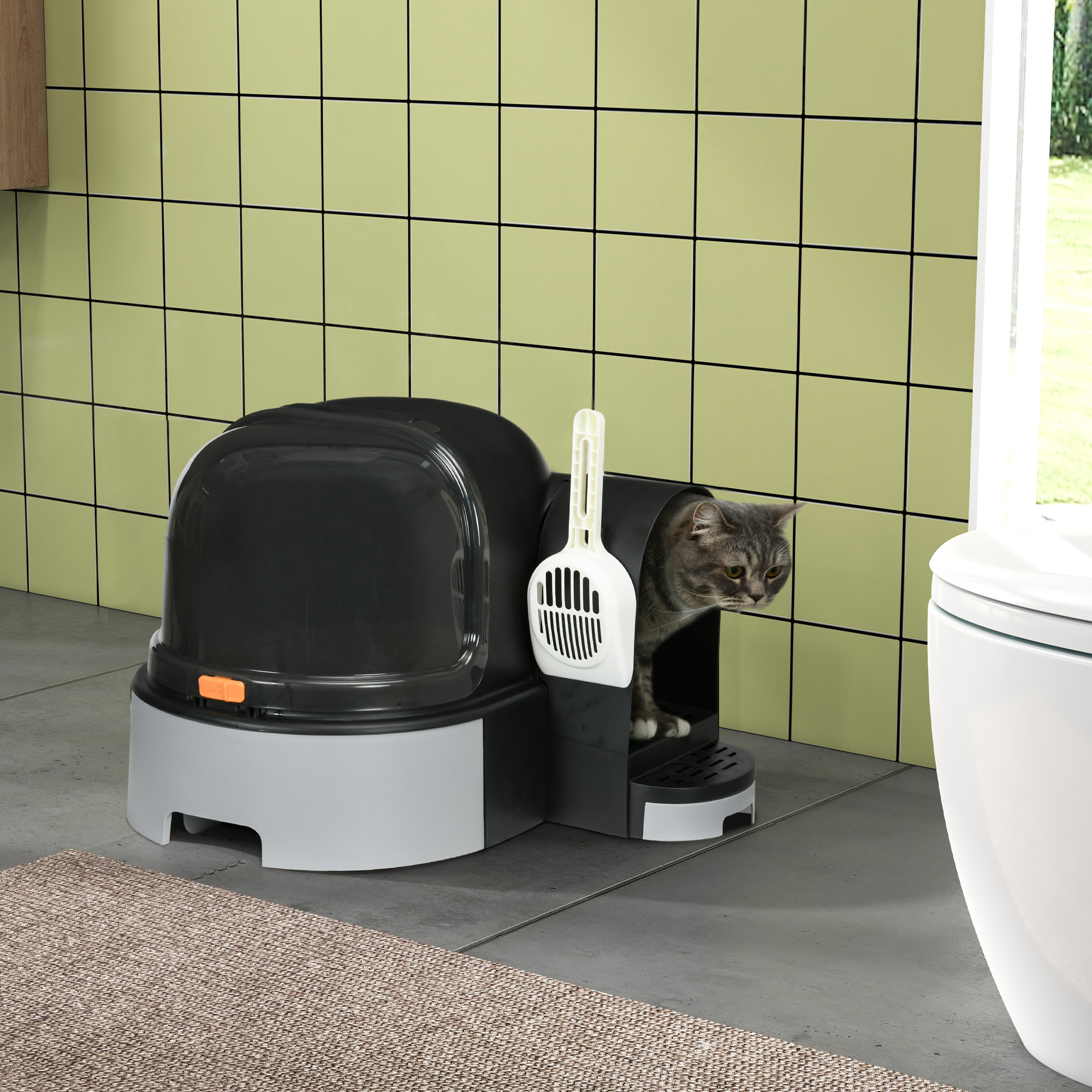 Katzentoillete Katzenklo, 2 herausziehbare Bodenwannen, 1 Schaufel, Streuauffangfach, Grau + Schwarz