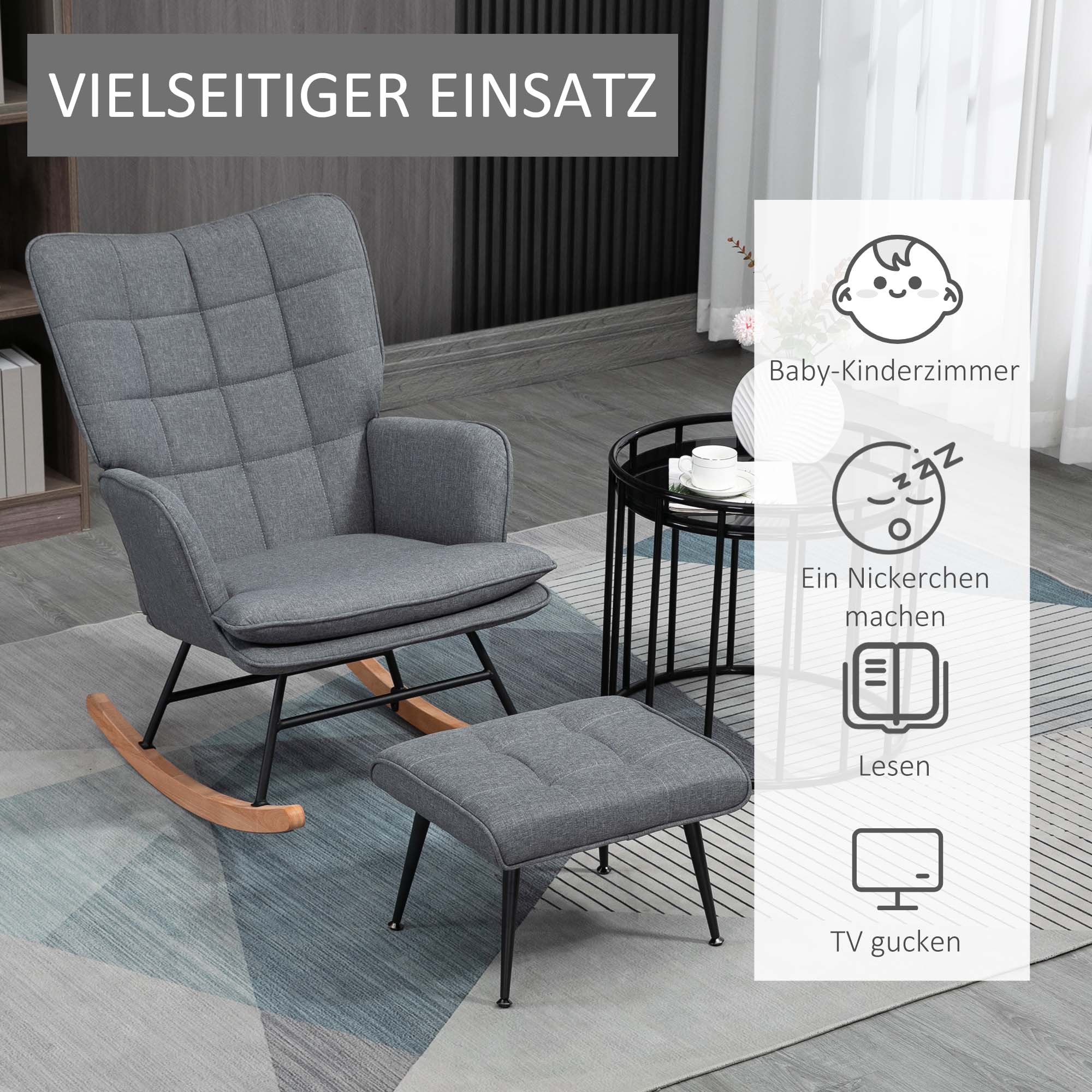 Schaukelstuhl mit Hocker, komfortabel, bis 130 kg, Leinenoptik, 64x89x90cm, Grau
