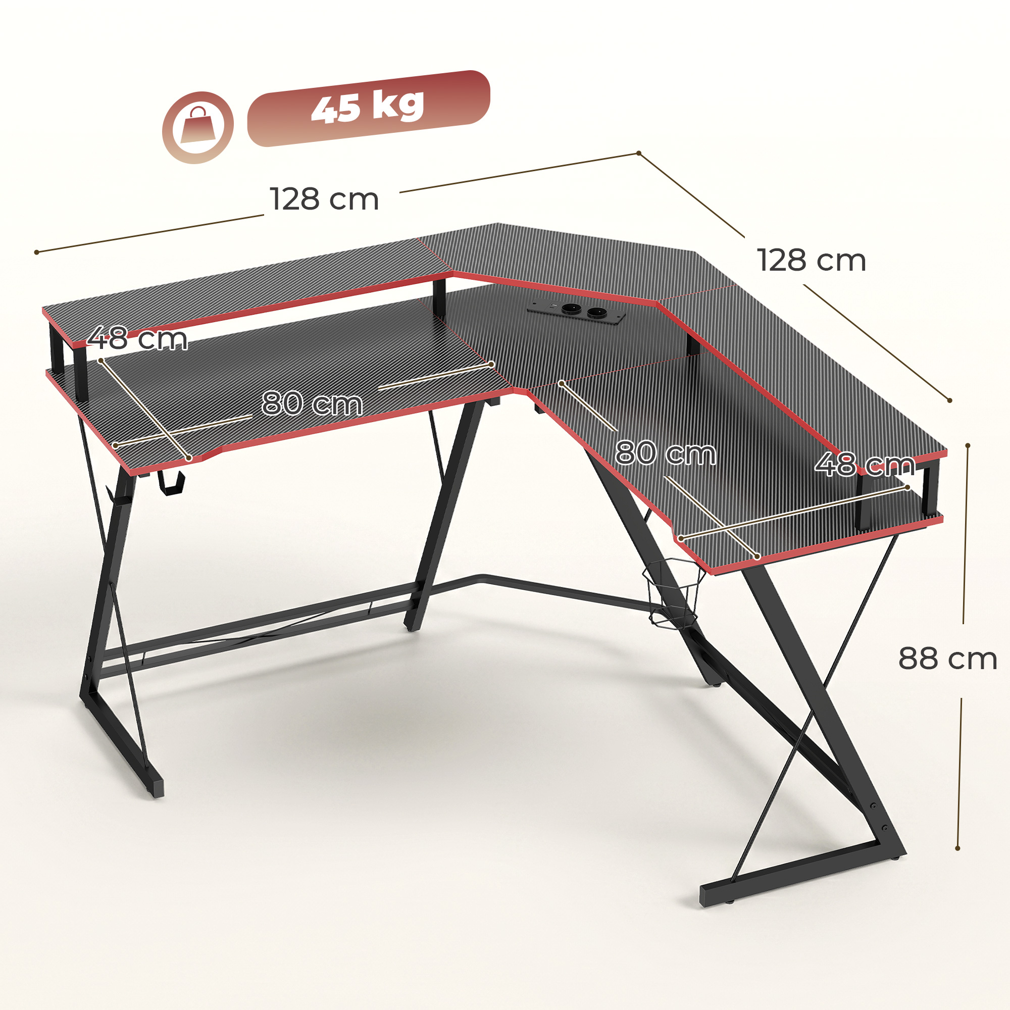 L-förmiger Computertisch mit Steckdosen, 128 cm Eckschreibtisch mit Monitorständer, Kopfhörerhaken & Getränkehalter